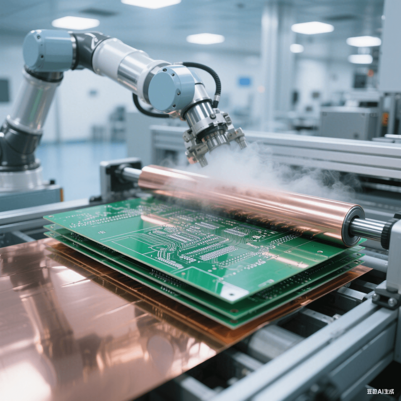 無塵車間機械臂壓合電路板：翡翠綠基板與古銅色銅箔在金屬輥壓力下融合，虹彩反光流動于表面，藍灰工業(yè)色調中突出鏡面接觸細節(jié)