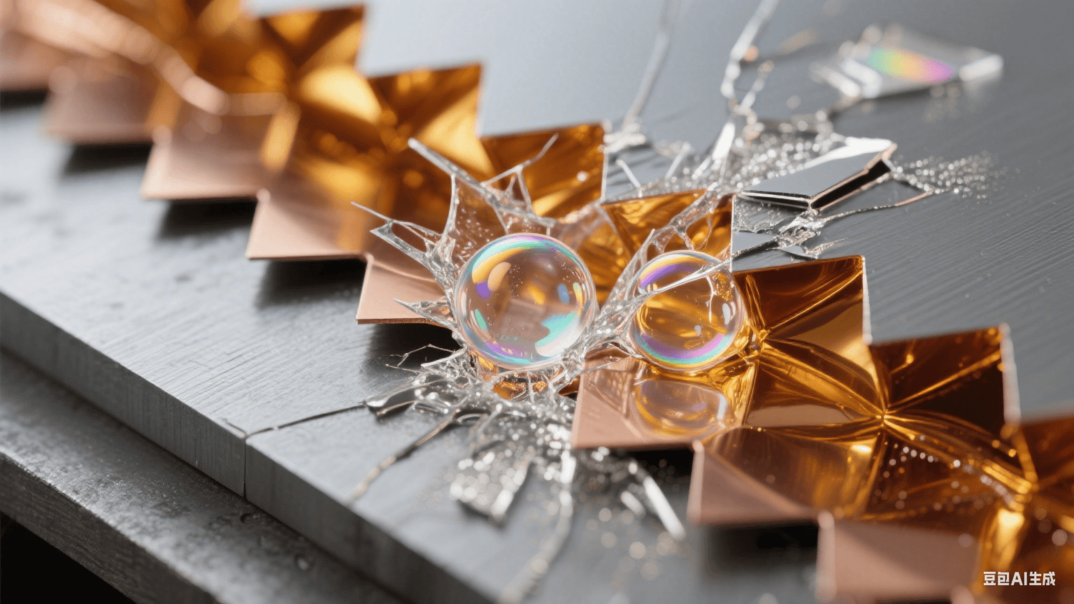 微距俯視：鋸齒狀銅箔縫隙中金色樹(shù)脂擠壓氣泡爆裂，碎片化納米銀霧，殘腔邊緣形成虹彩浸潤(rùn)環(huán)，熱壓板投射幾何陰影
