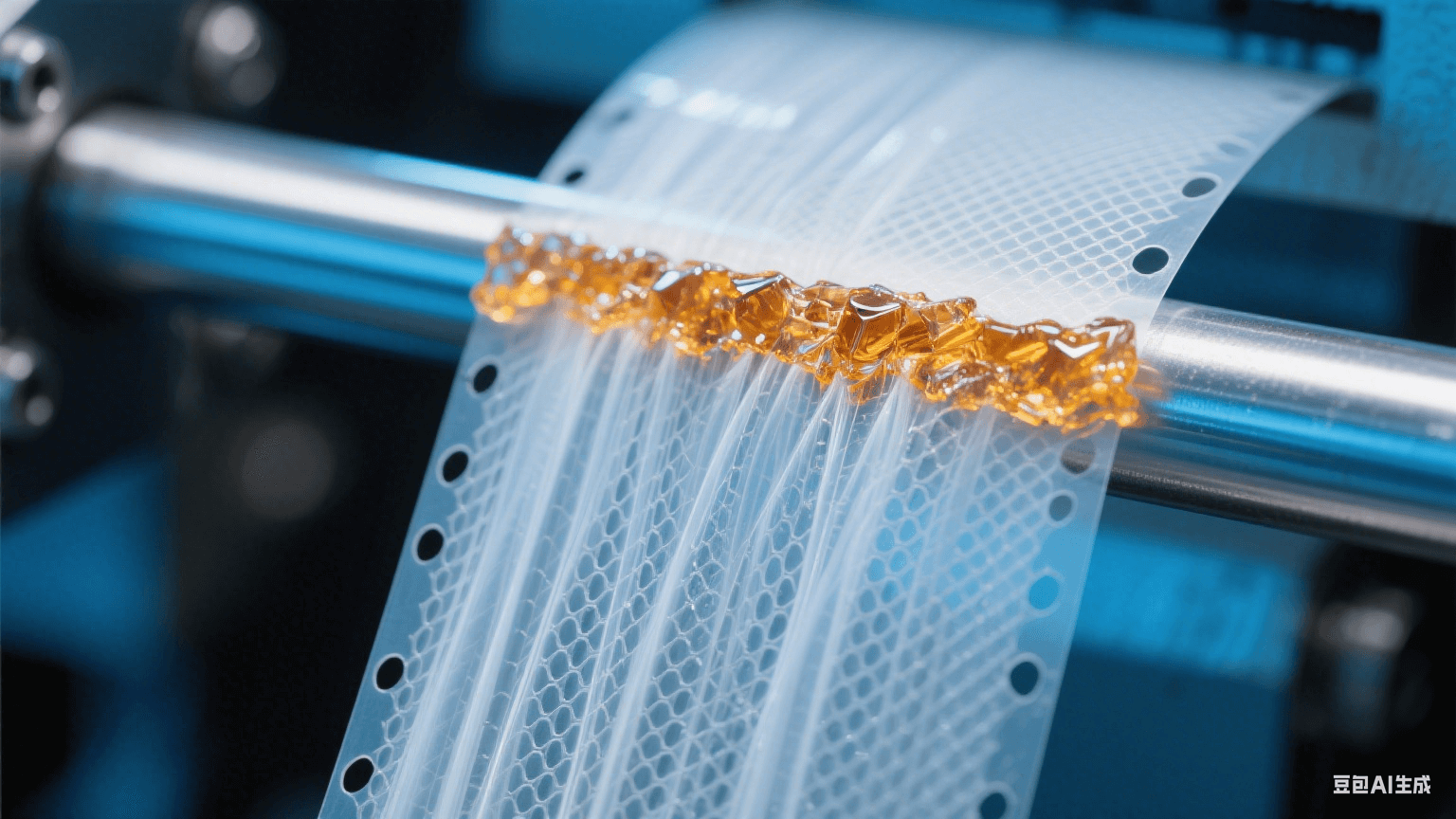 特寫(xiě)多孔離型膜截面：銀白氣體流柱穿透薄膜網(wǎng)格，孔緣凝固琥珀樹(shù)脂晶體，背景液壓桿泛冷藍(lán)金屬反光