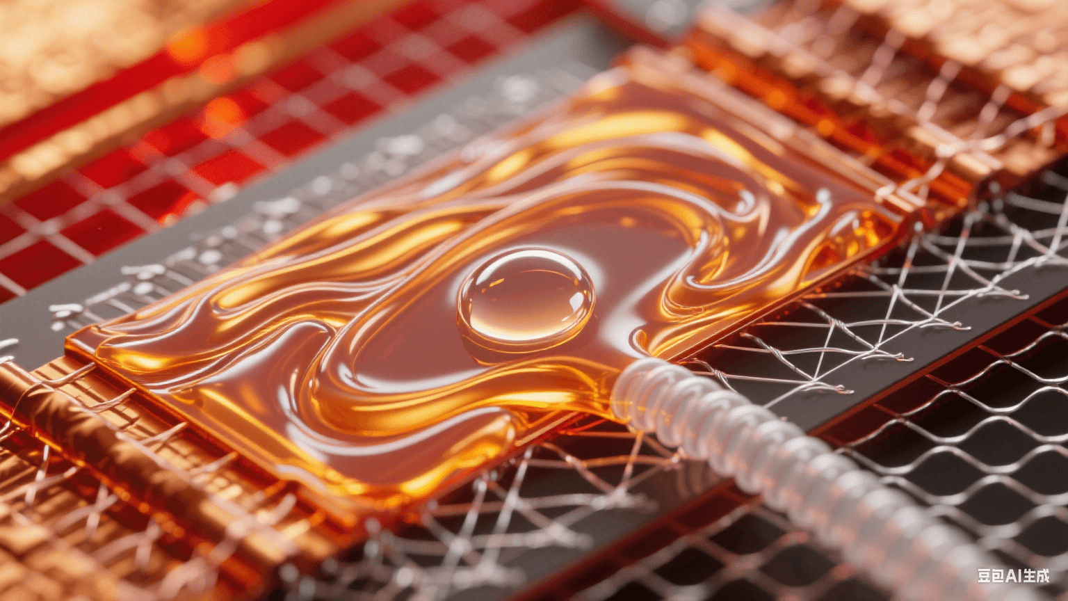 顯微穿透鏡頭：熔融琥珀樹(shù)脂層中氣泡被真空力拉伸成淚滴形態(tài)，尾部銀白氣流螺旋逃逸，高溫銅箔泛紅金光暈，玻璃纖維網(wǎng)格間可見(jiàn)氣體逸出路徑