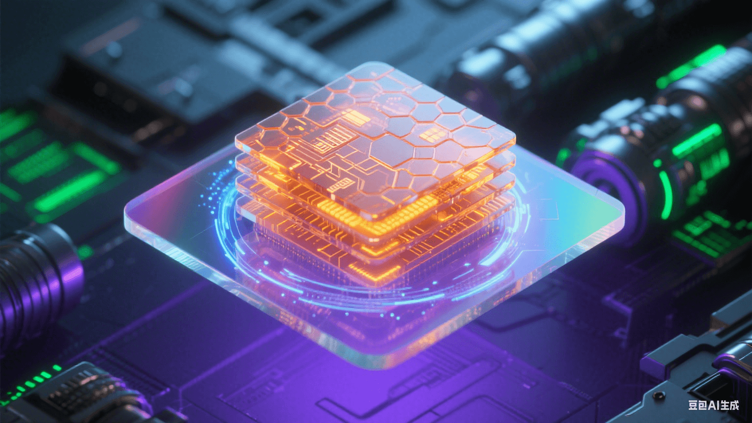 懸浮于紫色電磁場(chǎng)的半透明虹彩電路基板，琥珀態(tài)陶瓷膠包裹發(fā)橙光線路，蜂窩狀屏蔽腔外環(huán)繞藍(lán)白粒子漩渦，虛化CT金屬部件與熒光綠數(shù)據(jù)流交織