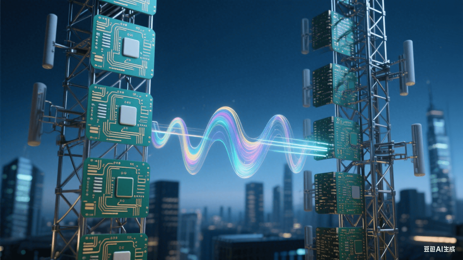 未來(lái)主義蜂窩基站，深藍(lán)暮光中金屬網(wǎng)格結(jié)構(gòu)散發(fā)冷光，多層電路板含翡翠綠與鎏金走線，半透明高頻材質(zhì)折射虹彩，電磁波脈沖懸浮，搭配光纖質(zhì)感與陶瓷基板紋理，背景為虛化城市輪廓