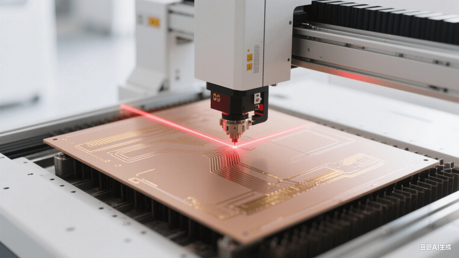 毫米波 PCB 制造場景：激光直繪設(shè)備用紅色激光加工淺棕色板材，表面有亮金色銅質(zhì)線路