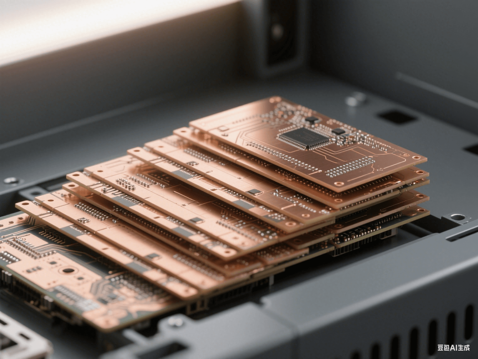 服務(wù)器機(jī)箱內(nèi) PCB 組件，多層水平排列，銅質(zhì)接地層側(cè)光反射，淺棕色介質(zhì)層顯層壓痕跡