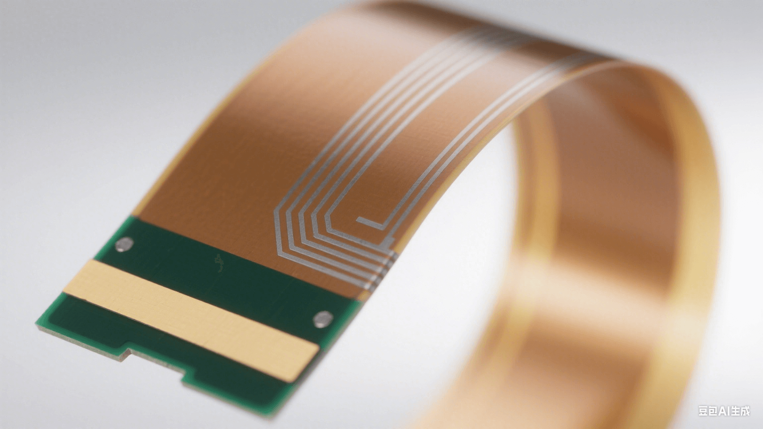 120° 彎曲的淺棕色 PI 薄膜表面有銀灰色銅箔線路（彎曲處連續(xù)），剛性部分為深綠色 FR-4，連接處有淺黃補(bǔ)強(qiáng)板