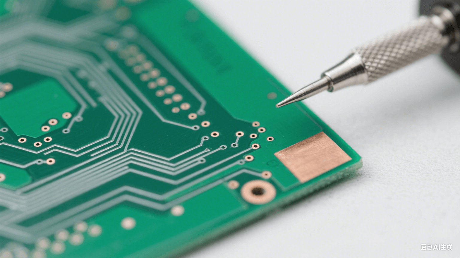 綠色 FR-4 基板上有銀灰色細(xì)密銅線路（邊緣光滑）與 0.05mm 微孔，一角露出羅杰斯 RO4000 淺棕色層壓結(jié)構(gòu)，冷白光下銅箔反光，背景為虛化淺灰工作臺(tái)，磨砂金屬探針局部接觸基板