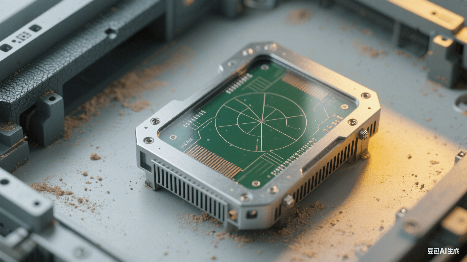 工業(yè)毫米波雷達(dá)板環(huán)境：深綠色雷達(dá)板傾斜嵌入淺灰設(shè)備，表面覆透明三防漆，銀灰色屏蔽罩帶接地彈片，周圍有細(xì)微粉塵顆粒，深灰金屬支架帶振動(dòng)紋理