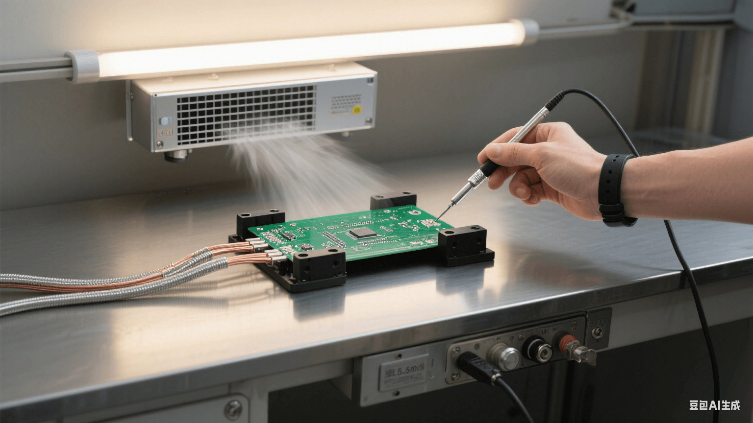 測試環(huán)節(jié)防護(hù)：銀灰色測試臺固定 PCB，黑色夾具連多股銅纜接地，上方離子風(fēng)機(jī)吹氣，人員戴防靜電手環(huán)持探針
