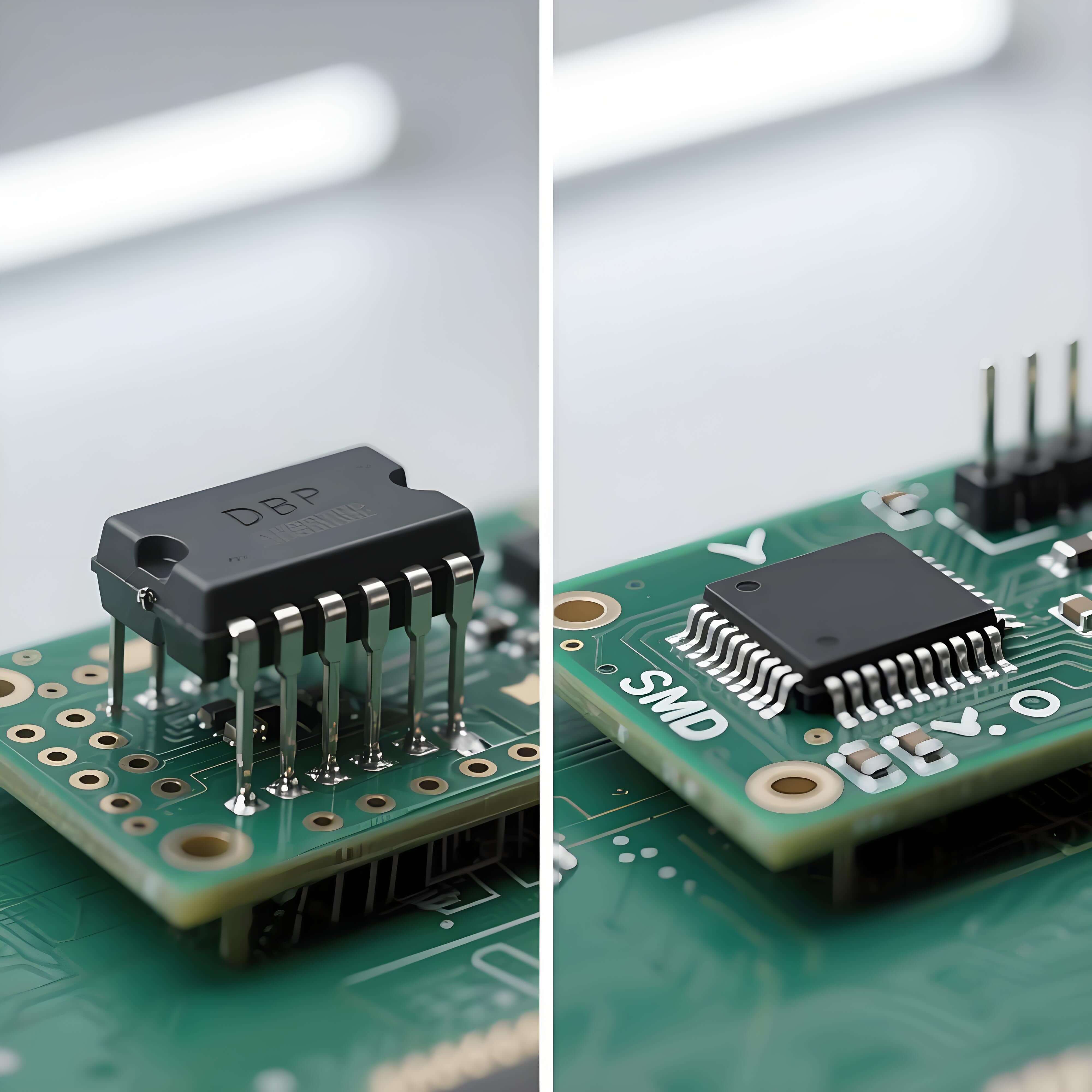 DIP 與 SMT 封裝對比特寫，左側(cè)黑色環(huán)氧樹脂 DIP 芯片雙列直插引腳，右側(cè)銀色 SMT 器件表面貼裝引腳，均置于綠色 PCB 板，顯材質(zhì)與結(jié)構(gòu)差異