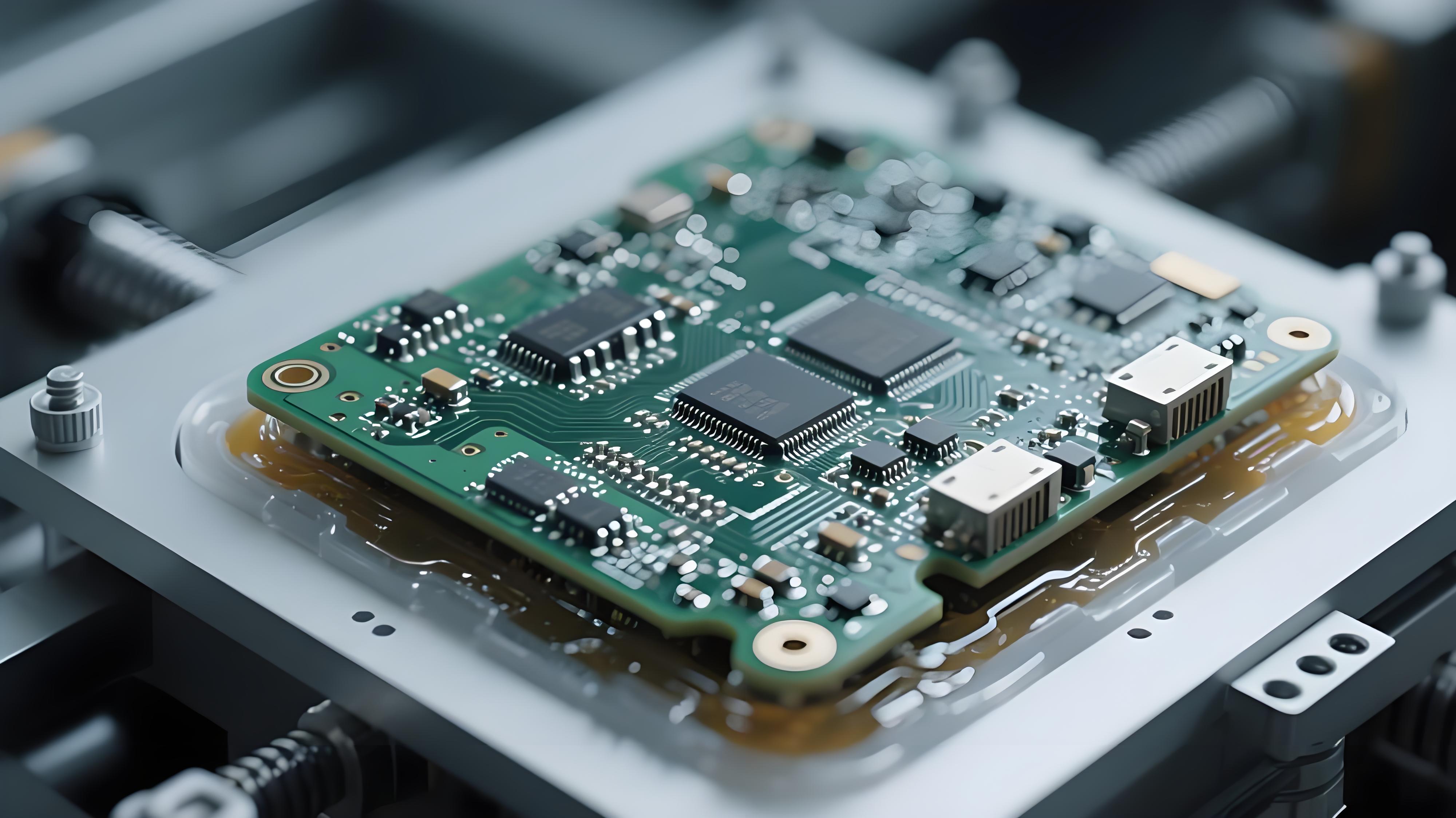 車載電子電路板抗振工藝細節(jié)展示，突出焊點結構與填充膠技術