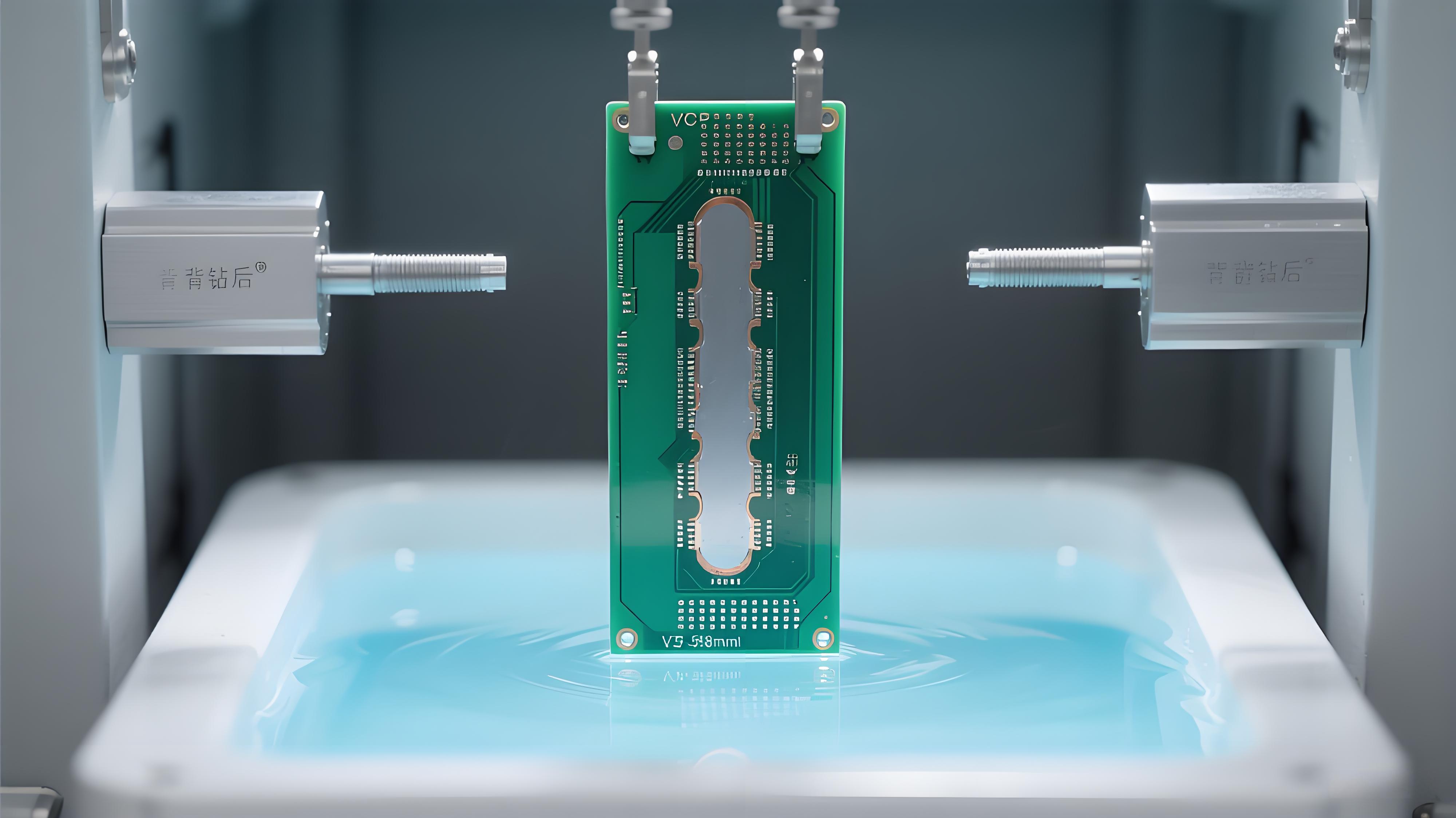 PCB背鉆后VCP垂直電鍍 淡藍(lán)色電鍍液與背鉆孔銀灰色銅層 孔銅厚度控制場景