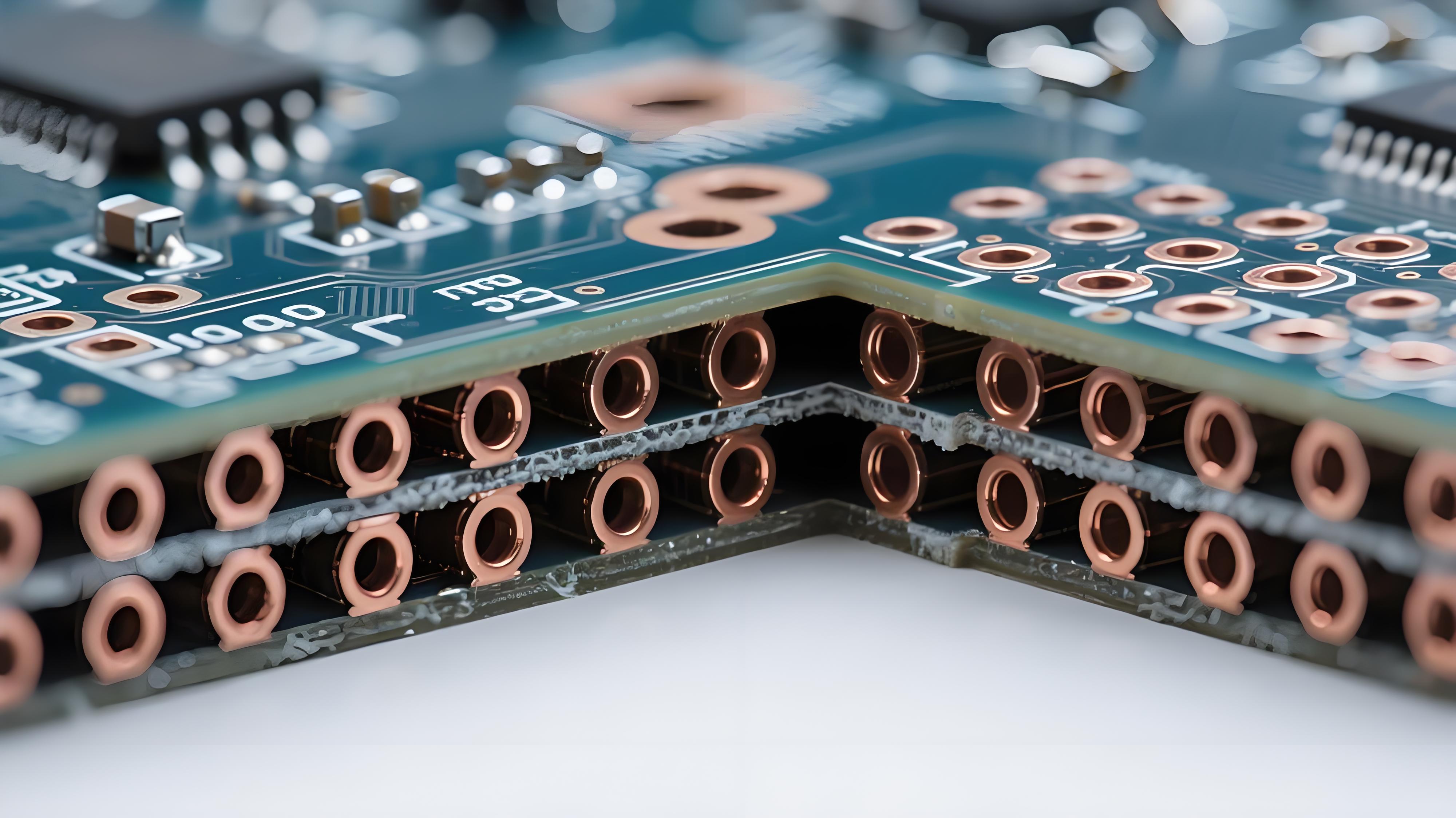 PCB散熱通孔陣列顯微切片橫截面，展示內(nèi)部銅填充結(jié)構(gòu)