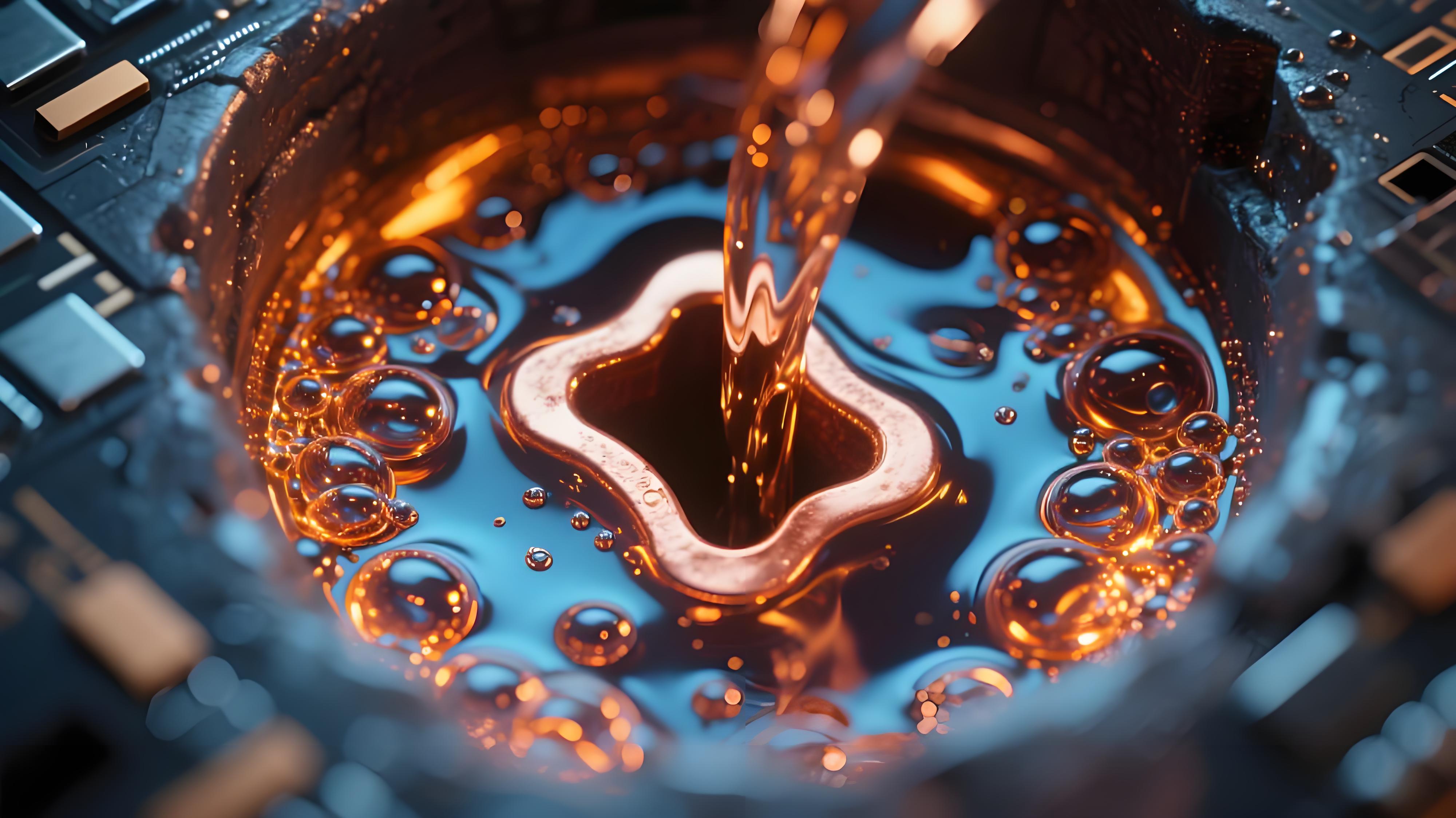 脈沖電鍍工藝將銅溶液填入通孔內(nèi)部的微觀特寫鏡頭