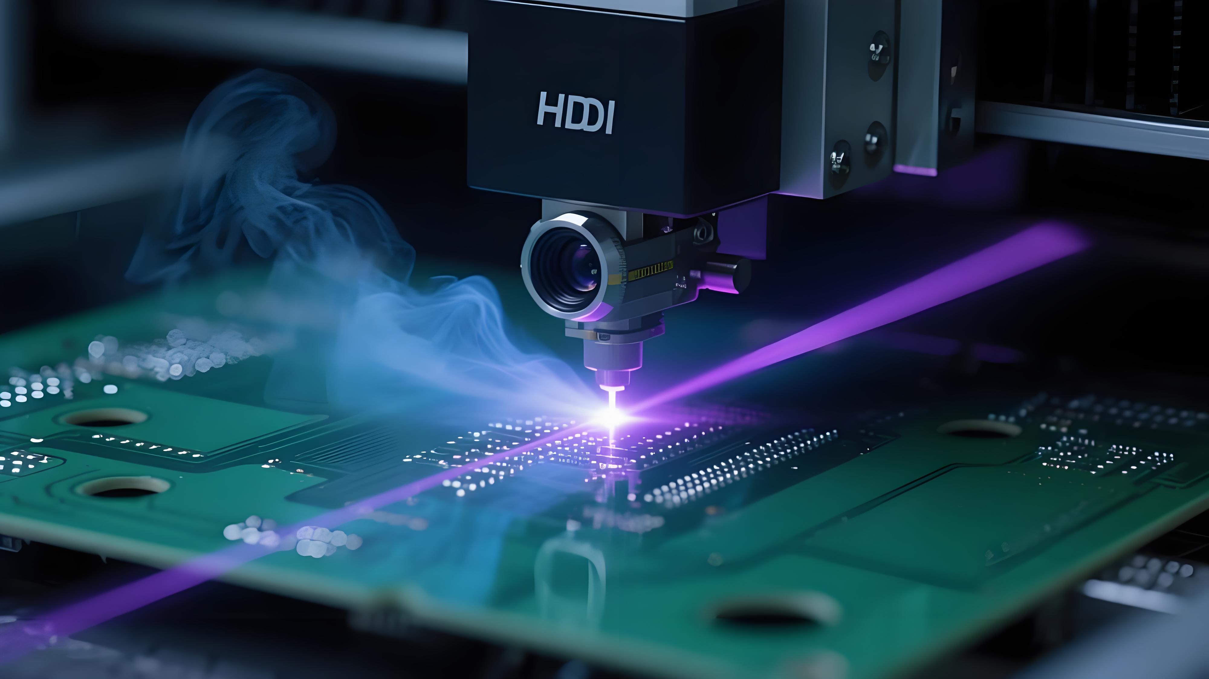 紫外激光鉆孔機(jī)在HDI板上進(jìn)行微孔加工，激光光束聚焦