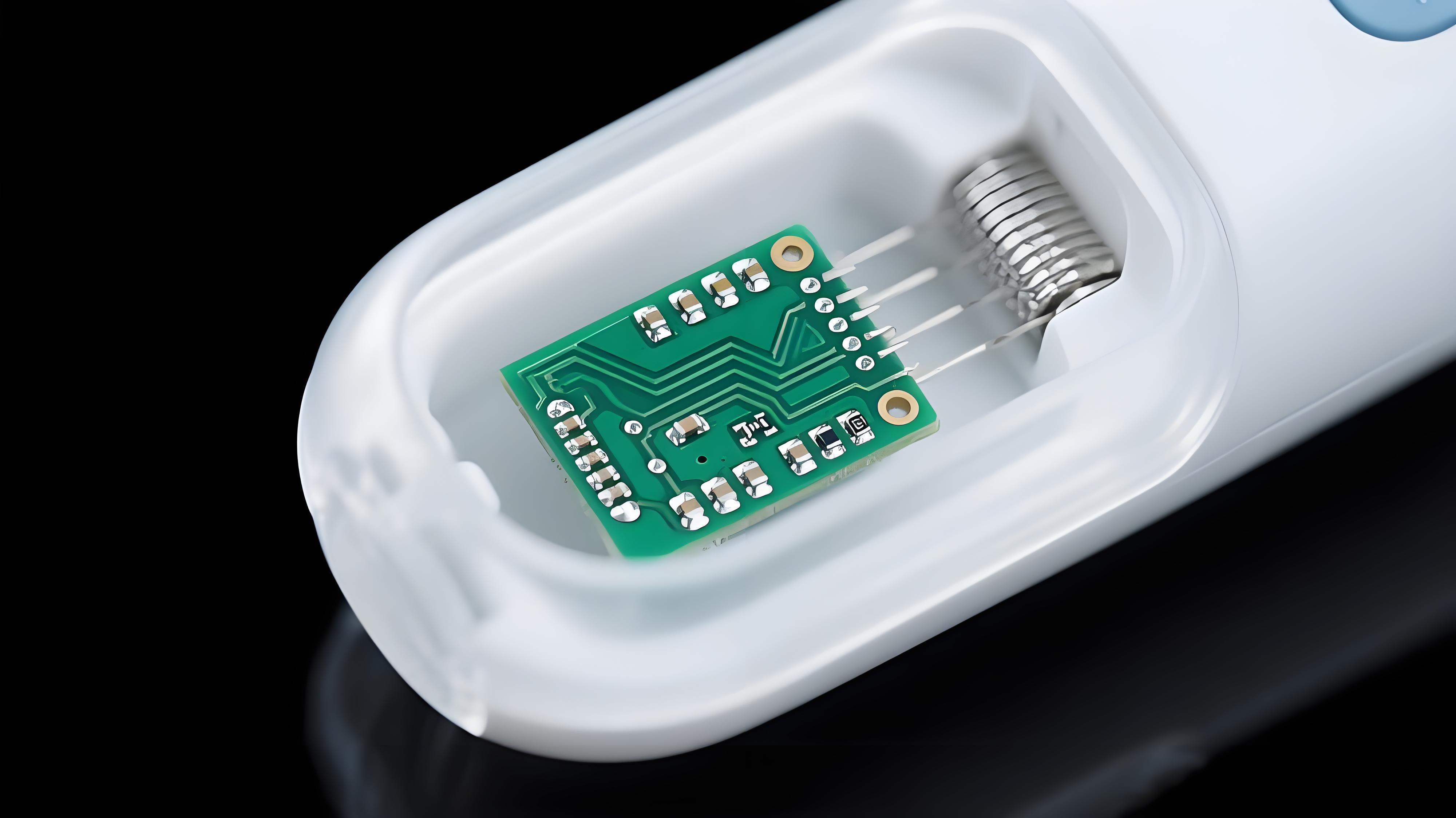 醫(yī)療超聲探頭內(nèi)部微型沉銀PCB板特寫，展示其在醫(yī)療設(shè)備中的精密應(yīng)用