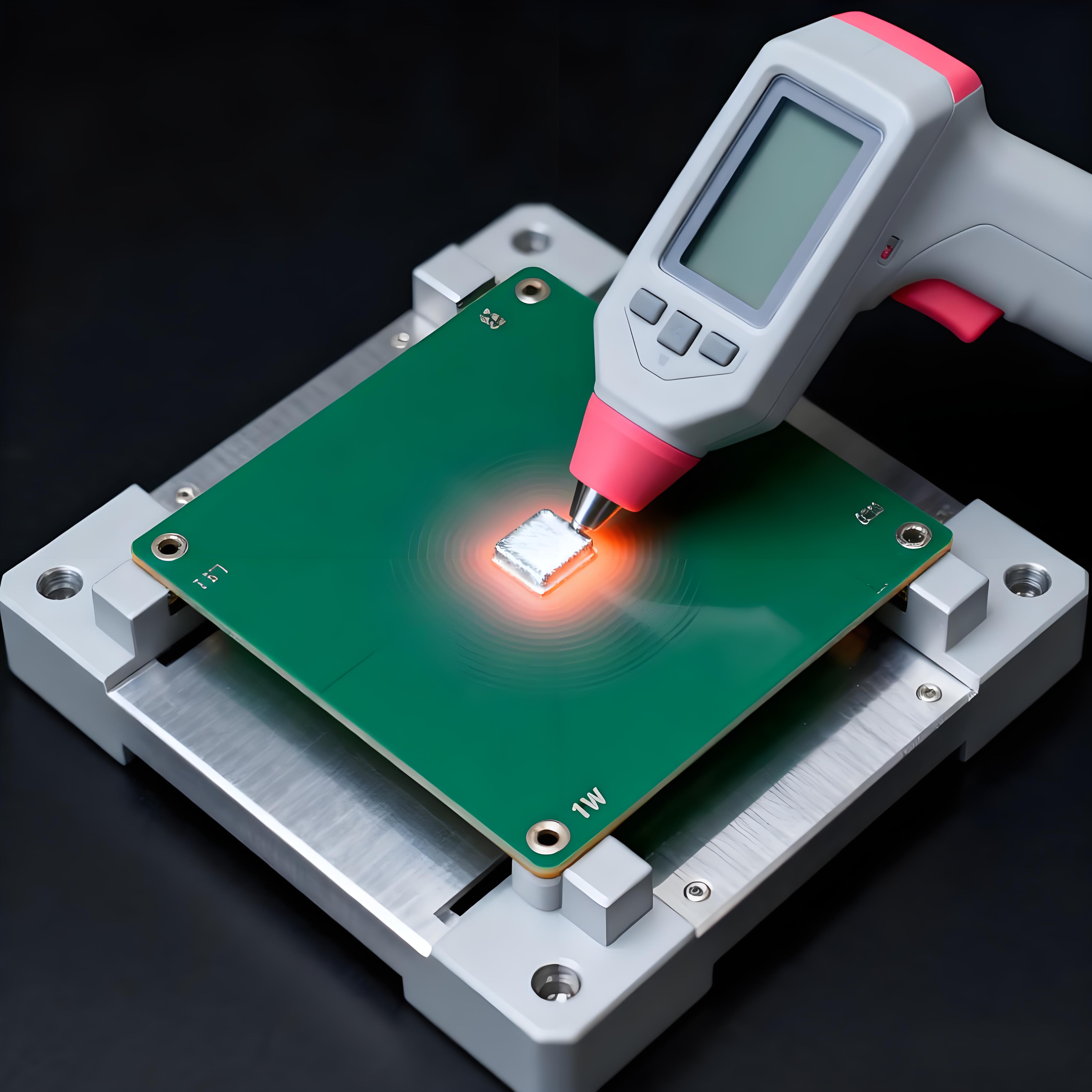 鋁基板熱阻測(cè)試微觀場(chǎng)景，紅外探頭監(jiān)測(cè)焊點(diǎn)熱量擴(kuò)散與溫度梯度