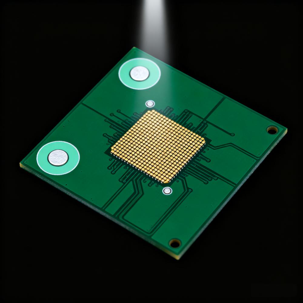 CB拼板基準(zhǔn)點(diǎn)設(shè)計(jì)特寫，對(duì)角全局基準(zhǔn)點(diǎn)（1.2mm+2.4mm無(wú)阻焊區(qū)）與BGA局部基準(zhǔn)點(diǎn)