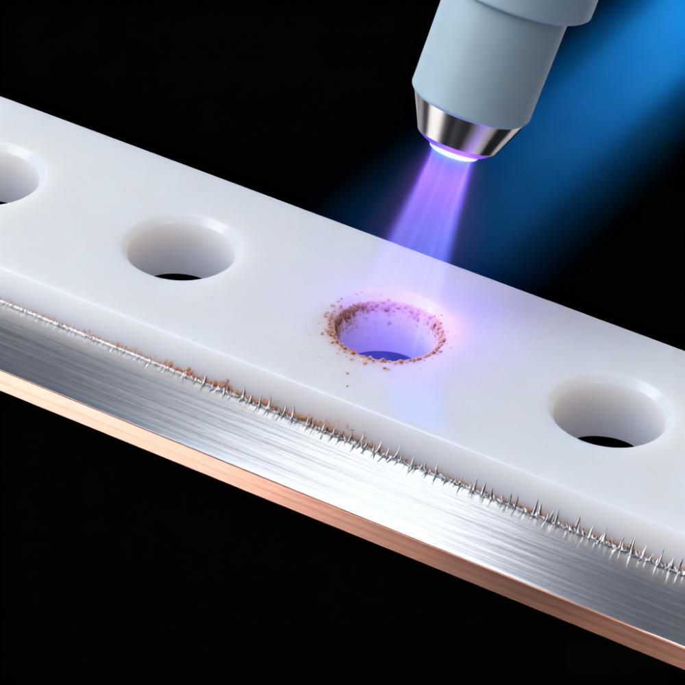 PTFE PCB鉆孔后等離子體去鉆污場景，淡紫色等離子體去除孔壁殘留鉆污