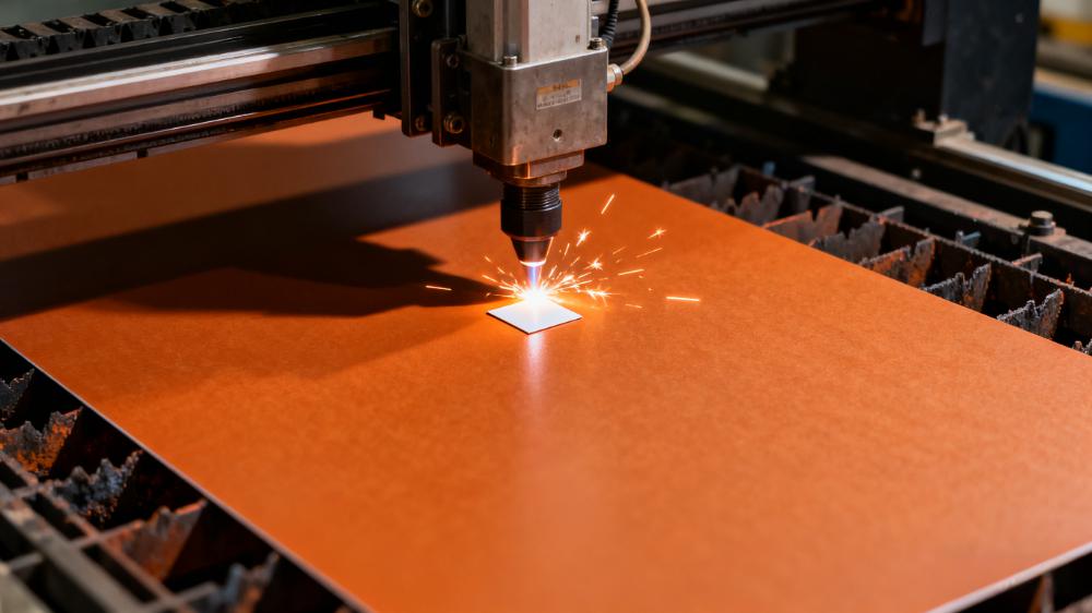 高頻板材介電常數(shù)測試-樣品制備流程，激光切割機正在精密切割PTFE高頻板材樣品