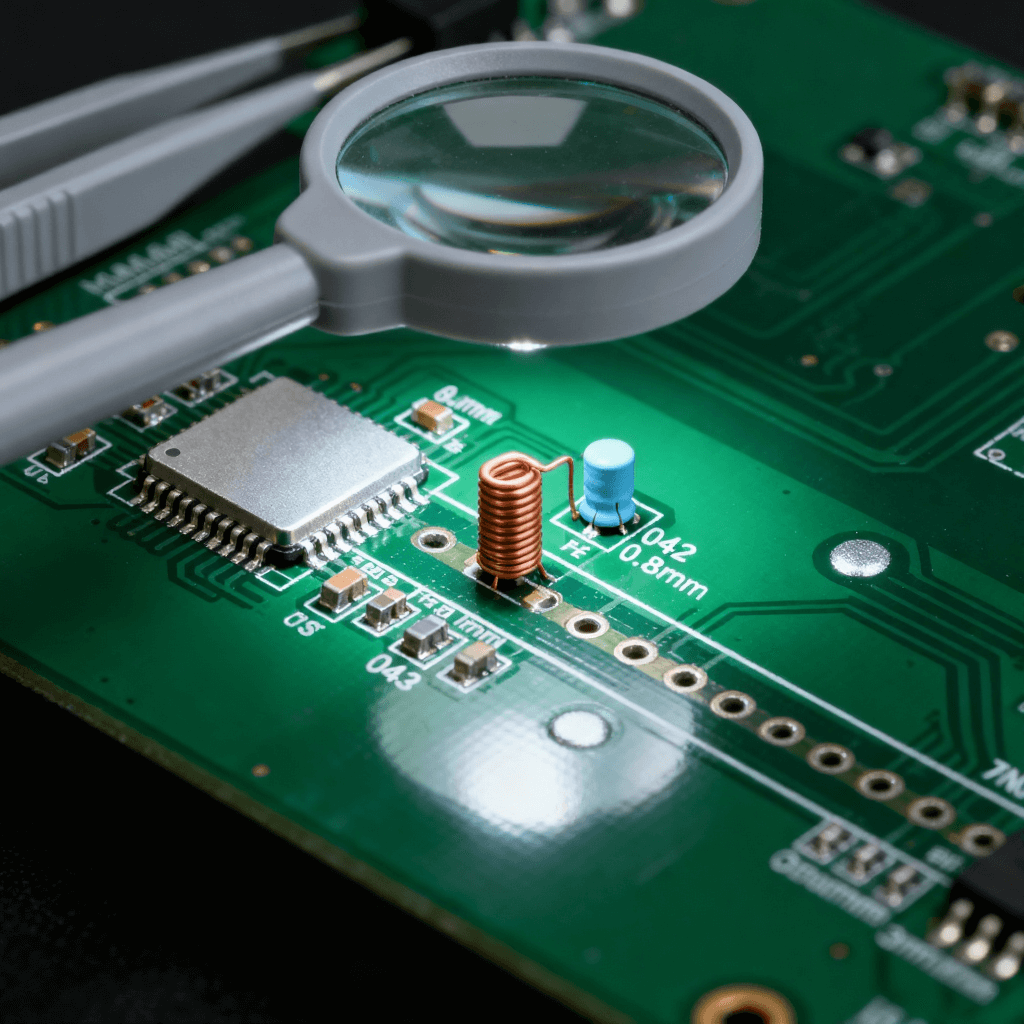 射頻前端 PCB 無(wú)源元件布局場(chǎng)景，匹配元件貼近芯片 + 饋電電感垂直放置 + 饋點(diǎn)凈空