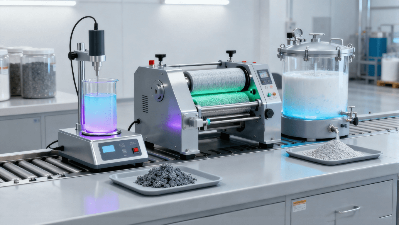 石墨烯多級(jí)分散工藝場(chǎng)景，超聲+三輥研磨+脫泡實(shí)現(xiàn)顆粒＜2μm均勻分散