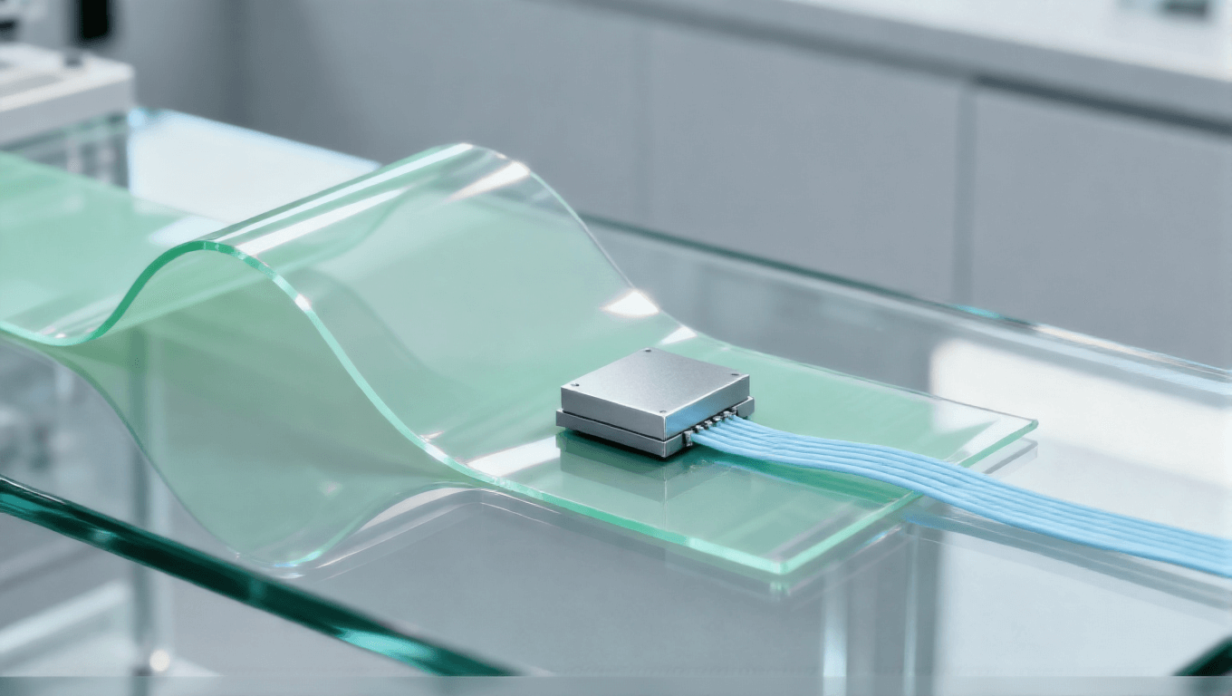 未來(lái)柔性基板封裝，淡綠色柔性基板與微型三維芯片