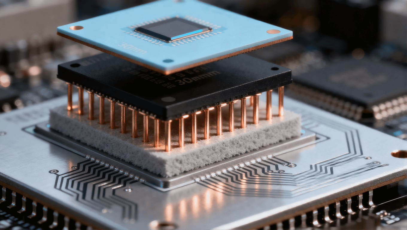 三維堆疊異質(zhì)芯片邏輯 - 存儲(chǔ) - 傳感器芯片與銅柱連接