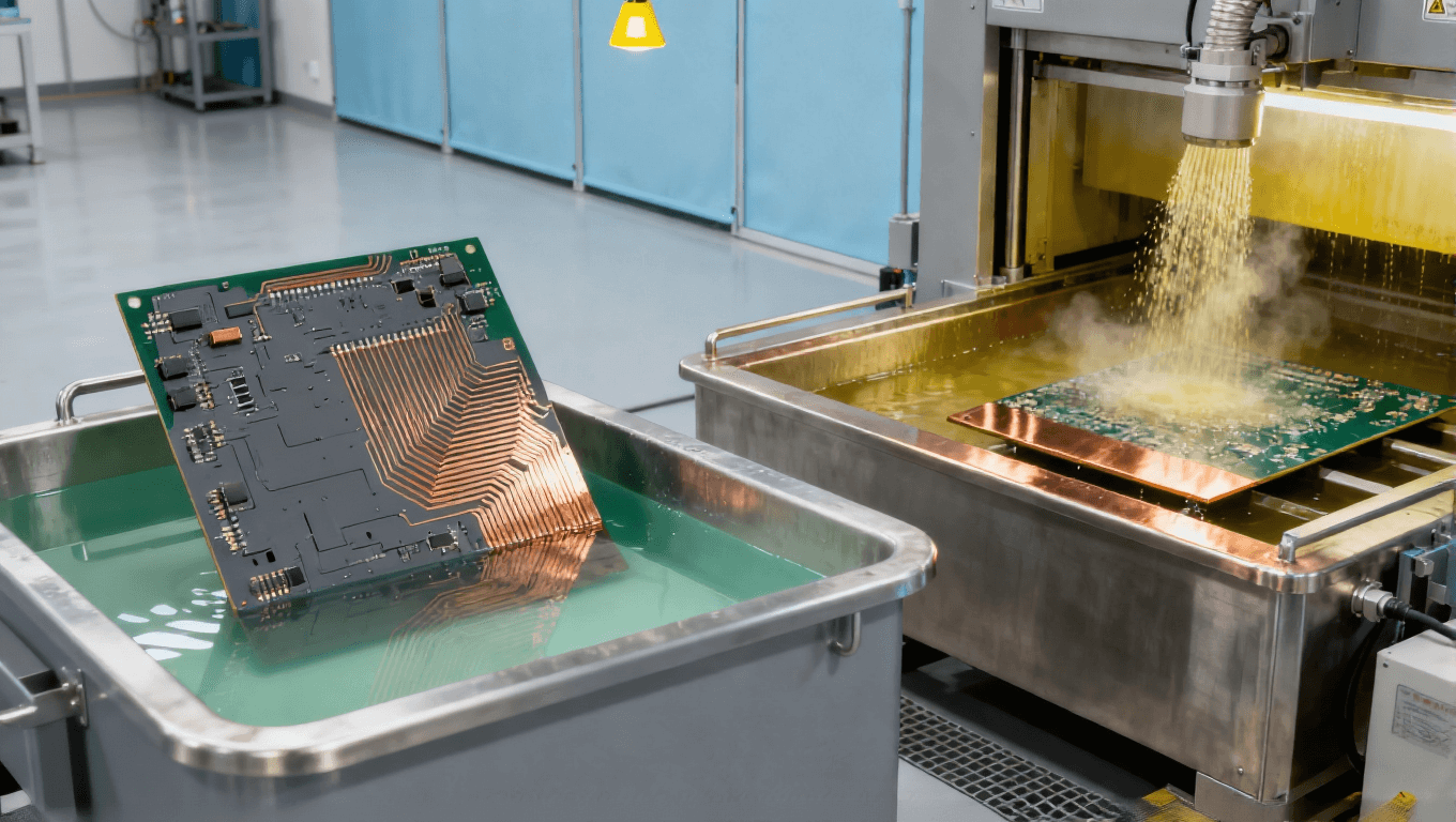 汽車電子高端PCB的mSAP工藝制造場景，展示電鍍槽、差分蝕刻設(shè)備及PCB基板，車規(guī)級PCB生產(chǎn)環(huán)境