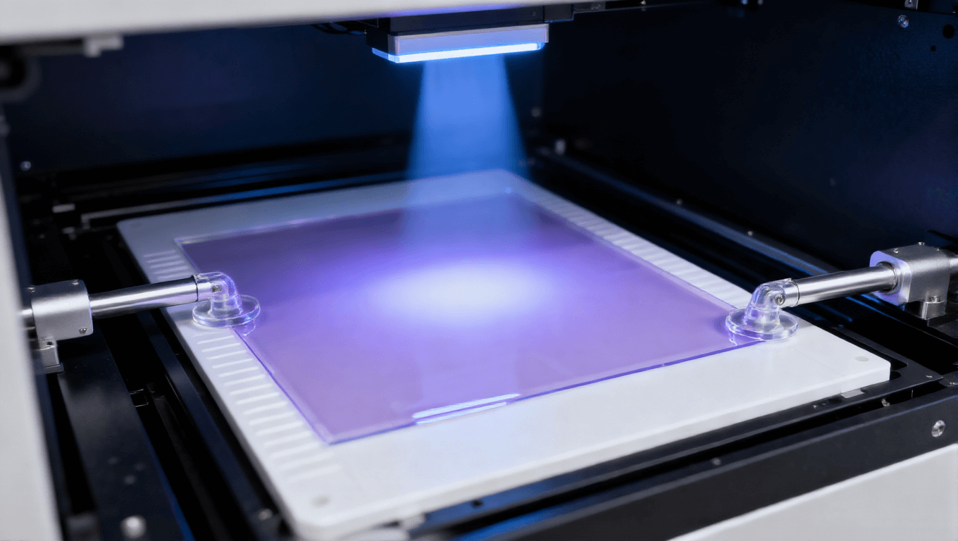 PCB改良型半加成法mSAP工藝光刻顯影環(huán)節(jié)，展示臥式光刻設(shè)備、透明PI基板、淡紫色光刻膠及紫外光，高端PCB光刻場景