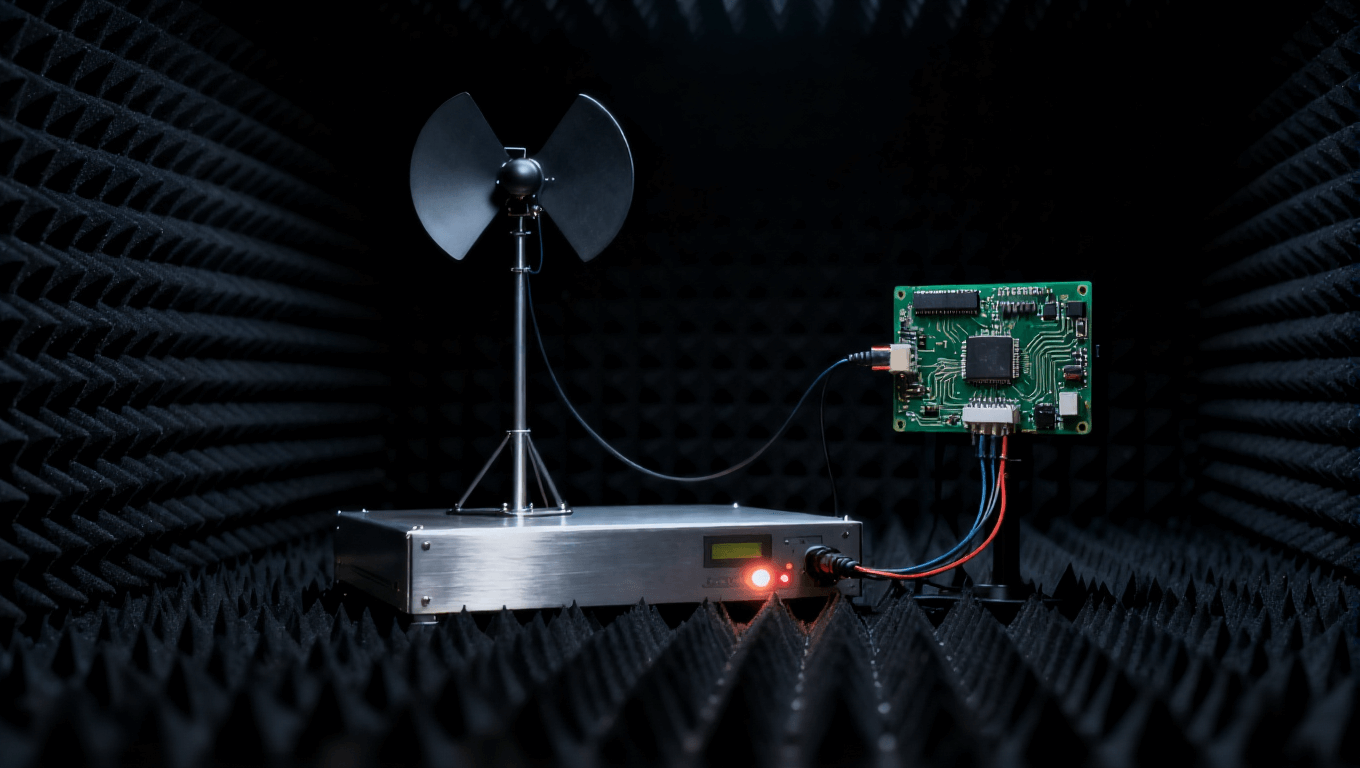 電路板電磁兼容性測試場景，在屏蔽暗室中評估輻射發(fā)射與抗干擾能力