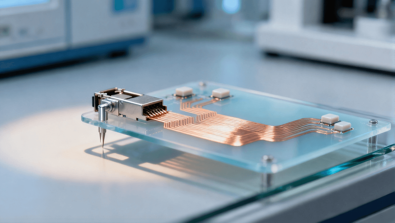 實(shí)驗(yàn)室測試光模塊 PCB 淡藍(lán)色低 Dk 基材 淺橙色銅箔線路 金屬測試探針 電子測試場景 冷光光影