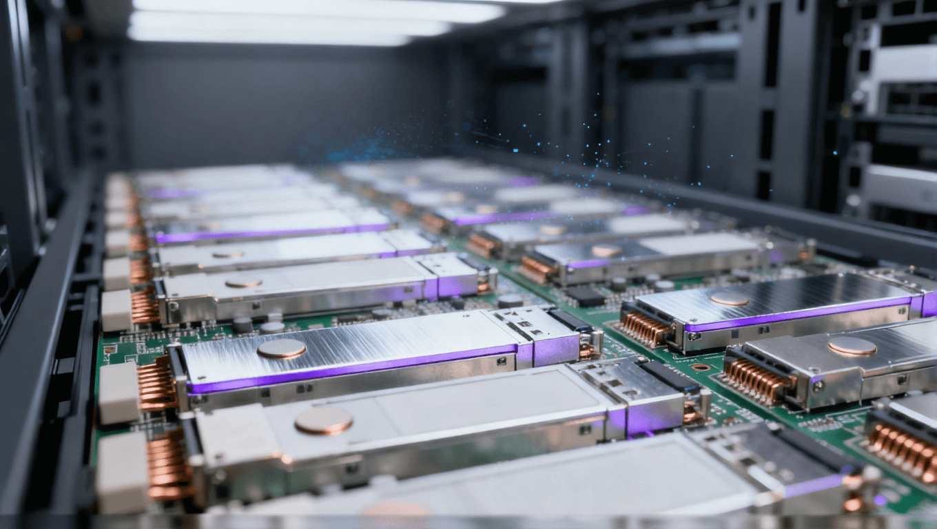 數(shù)據(jù)中心光模塊 PCB 組件 服務(wù)器機(jī)柜場景 銀色散熱片 淡紫色信號光效 光通信設(shè)備 冷色調(diào)科技氛圍