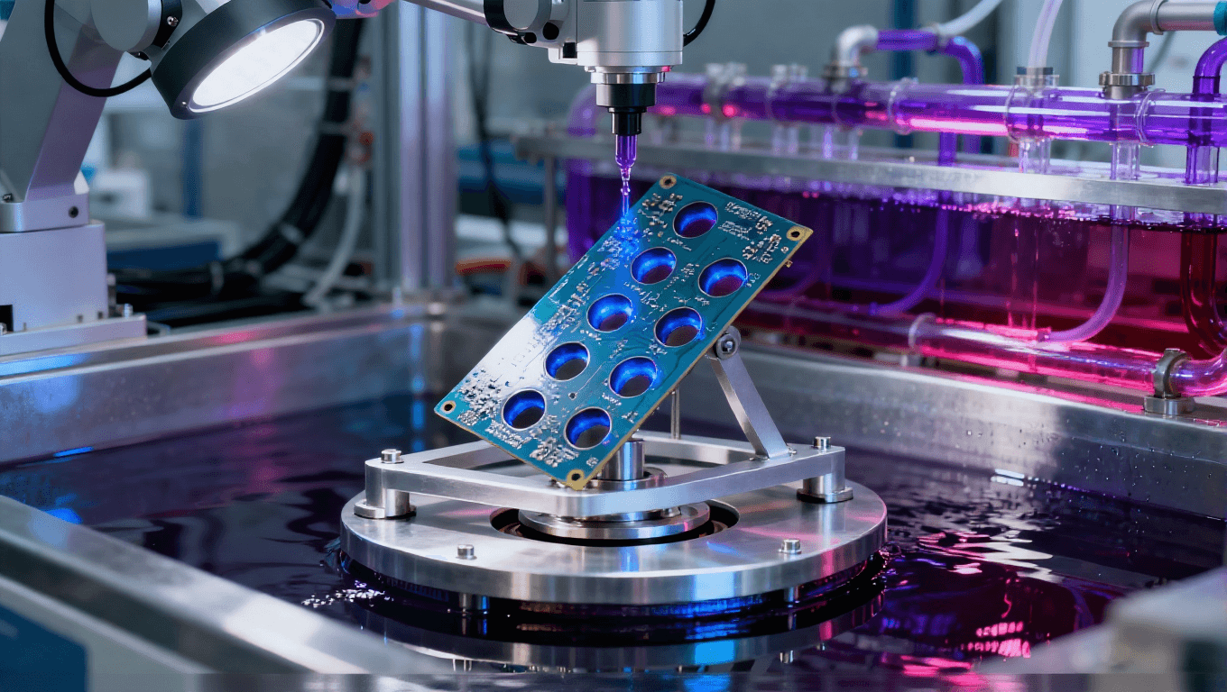 現(xiàn)代化實驗室中的水平電鍍設(shè)備特寫，展示精密PCB電鍍工藝  