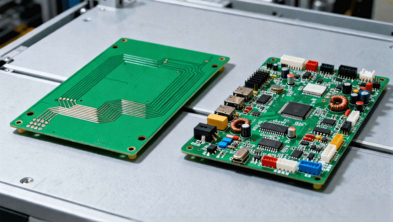左側(cè)綠色 PCB 空板、右側(cè)集成元器件的 PCBA 組件，并列擺放的電子制造對比展示
