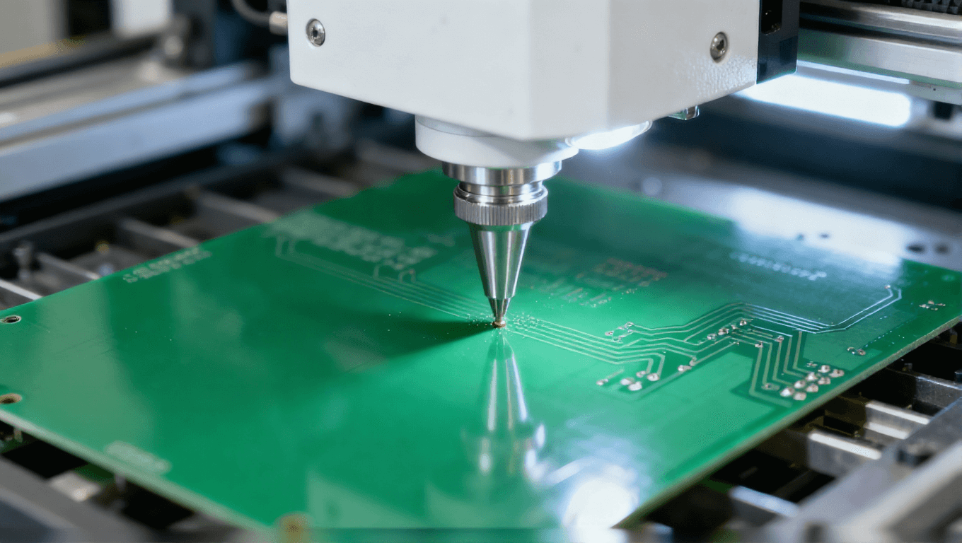 數(shù)控鉆孔設(shè)備對綠色 PCB 基板進行鉆孔，冷白光聚焦鉆孔點的工業(yè)加工場景