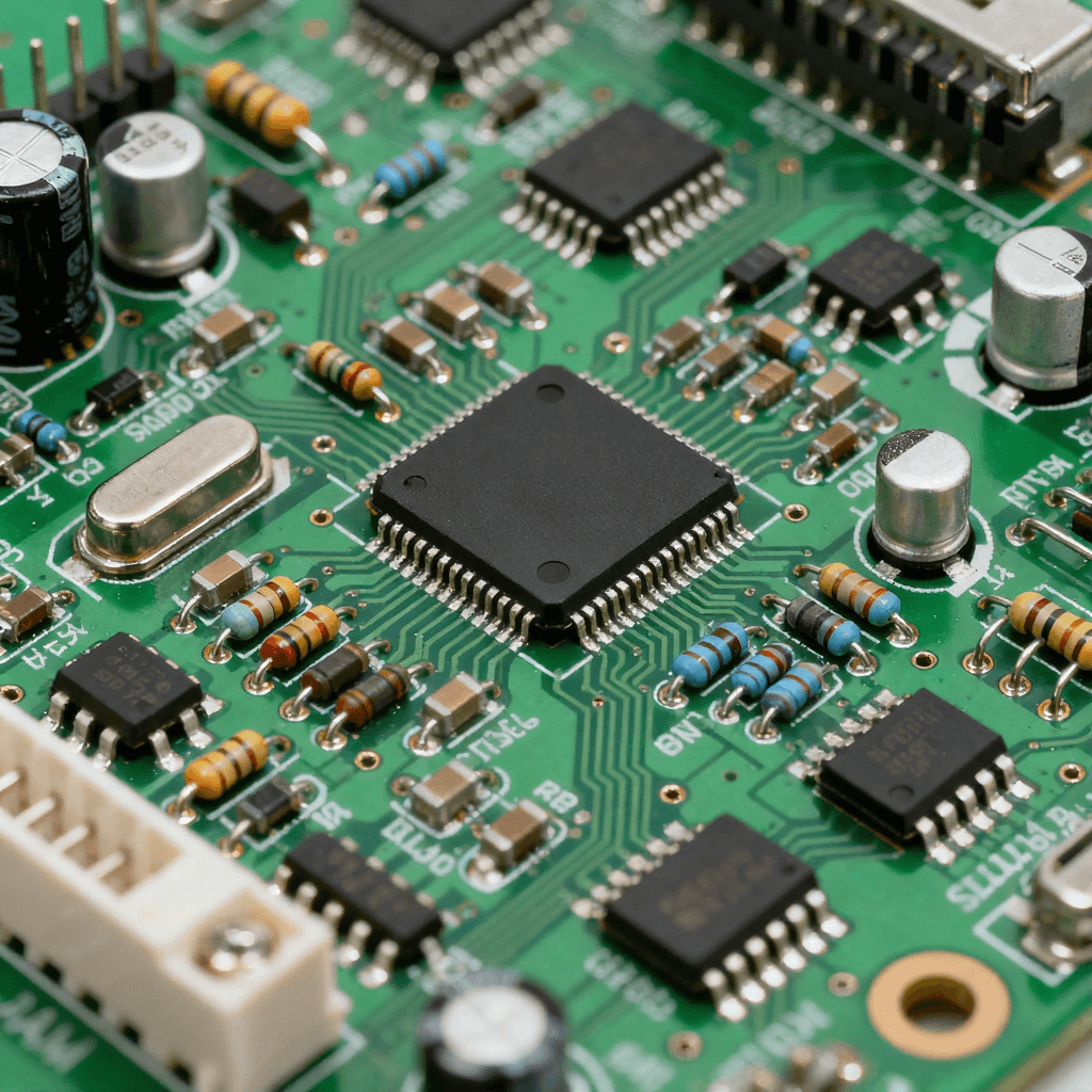 綠色 PCB 基板上集成電阻、電容、芯片的 PCBA 組件，焊點呈現(xiàn)金屬光澤