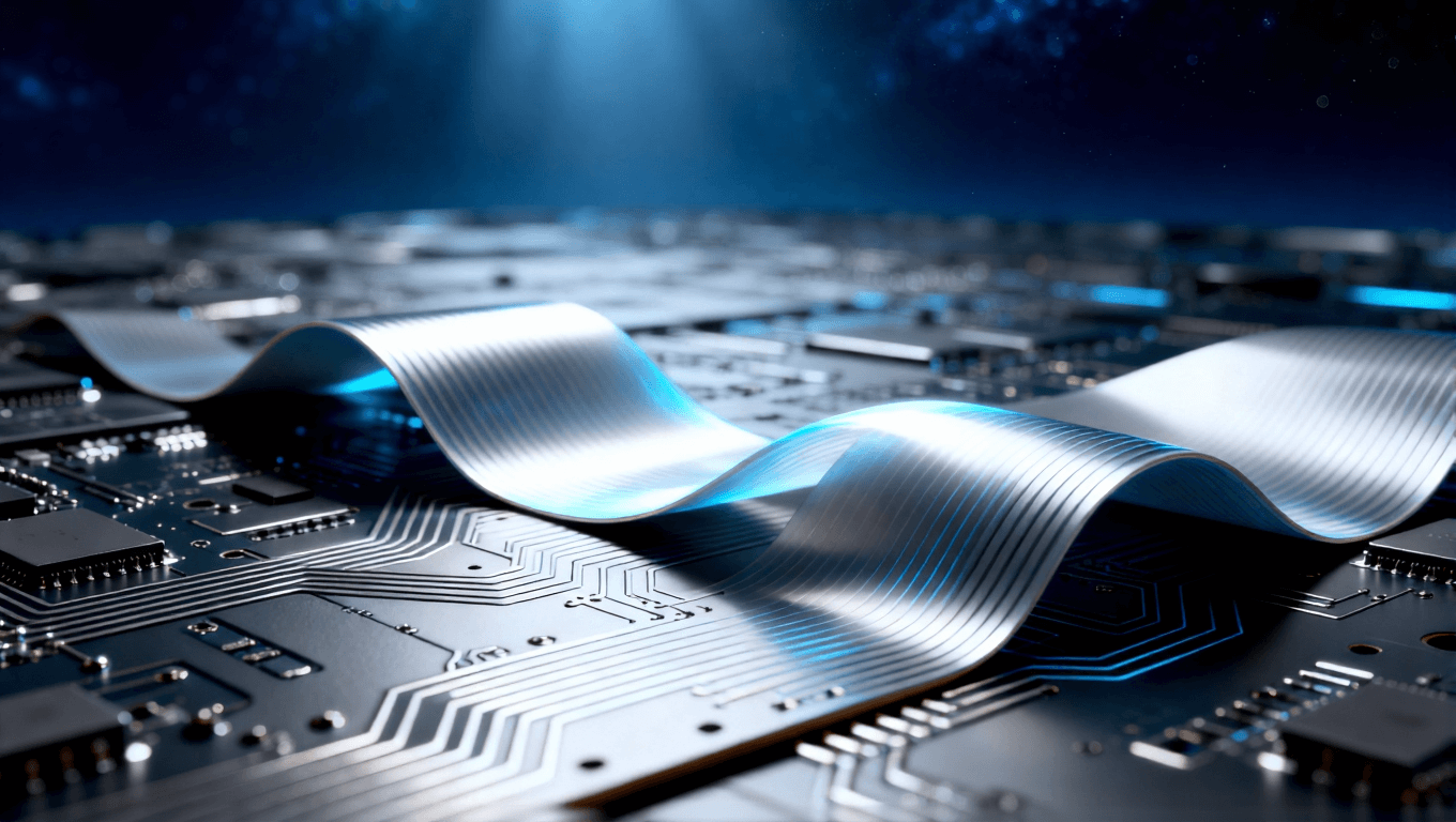 剛性電路板與超彈性柔性電路板對(duì)比，象征電子設(shè)備從固定形態(tài)向可折疊時(shí)代的材料革新