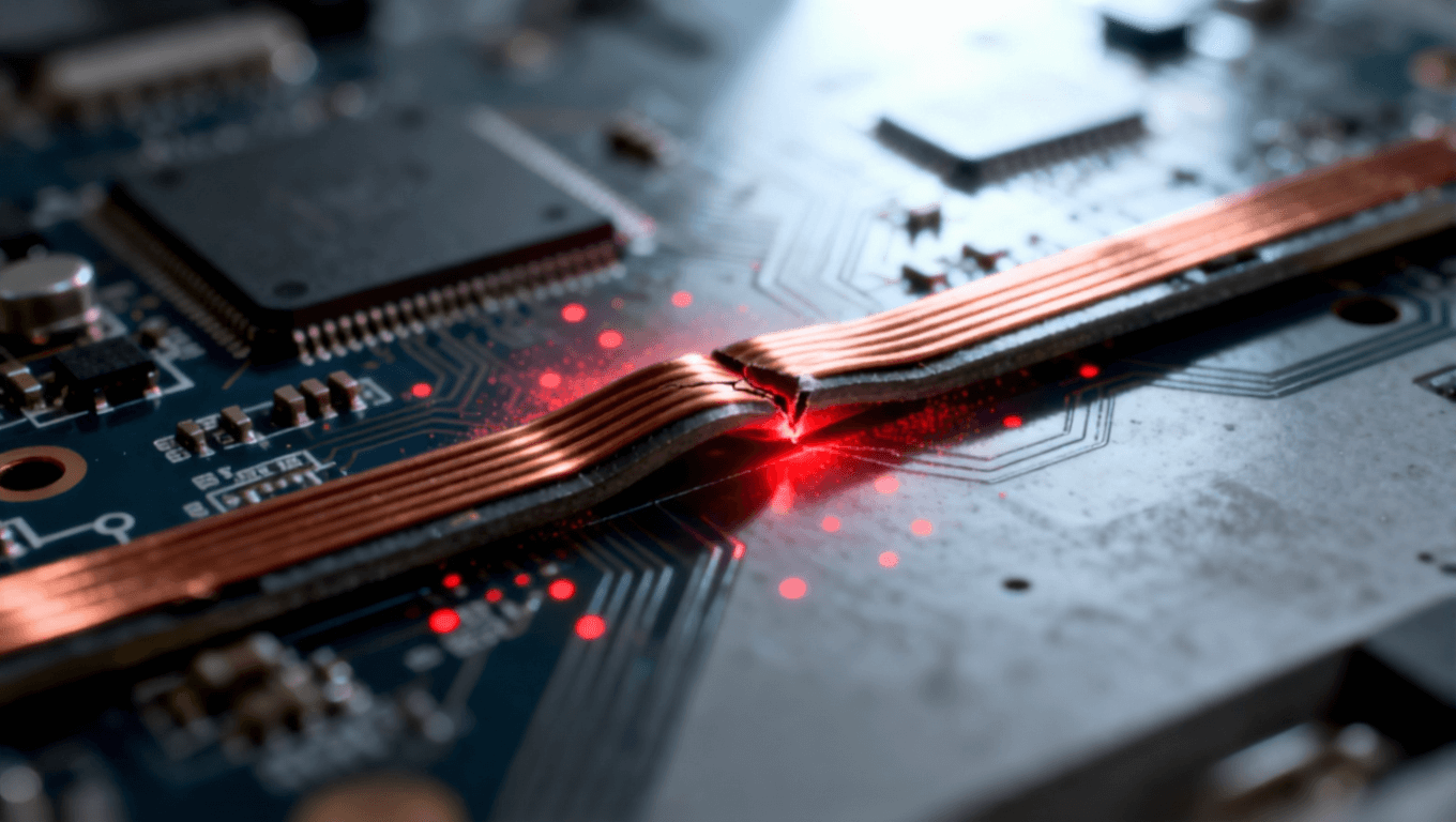 可折疊電路板鉸鏈區(qū)應(yīng)力集中與疲勞損傷示意圖，揭示傳統(tǒng)材料在反復(fù)折疊中的挑戰(zhàn)