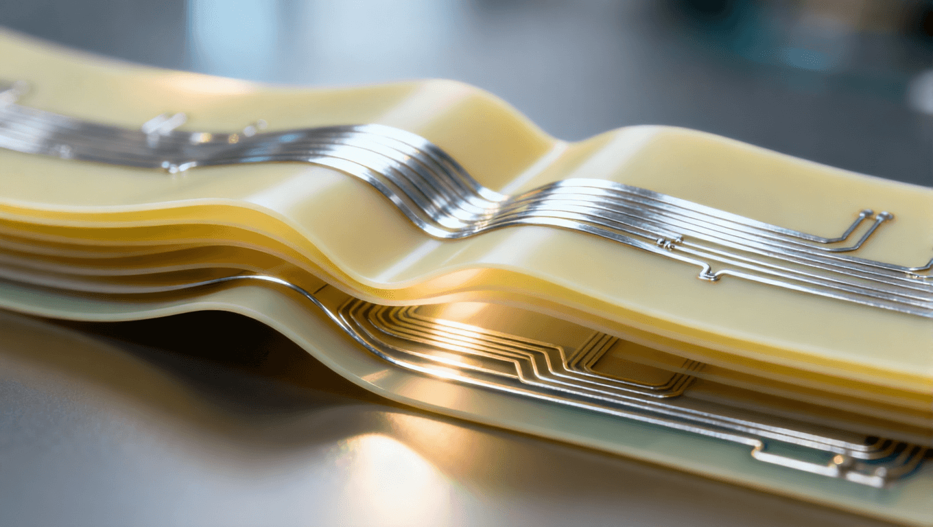 可折疊電路板內(nèi)部結(jié)構(gòu)剖面圖，顯示超彈性基板與柔性導(dǎo)體的集成設(shè)計(jì)