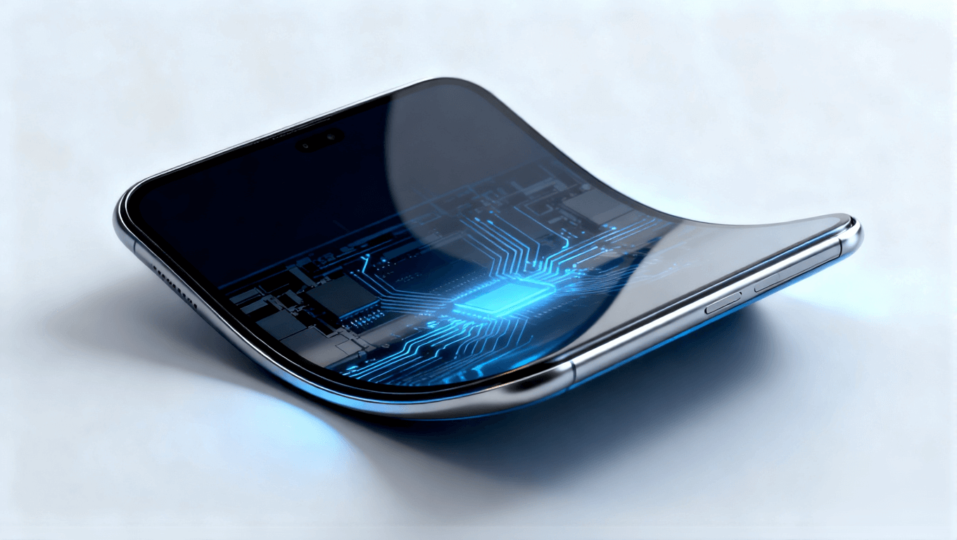 可折疊電子設(shè)備概念圖，展示超彈性材料支撐的柔性電路與無(wú)縫折疊設(shè)計(jì)