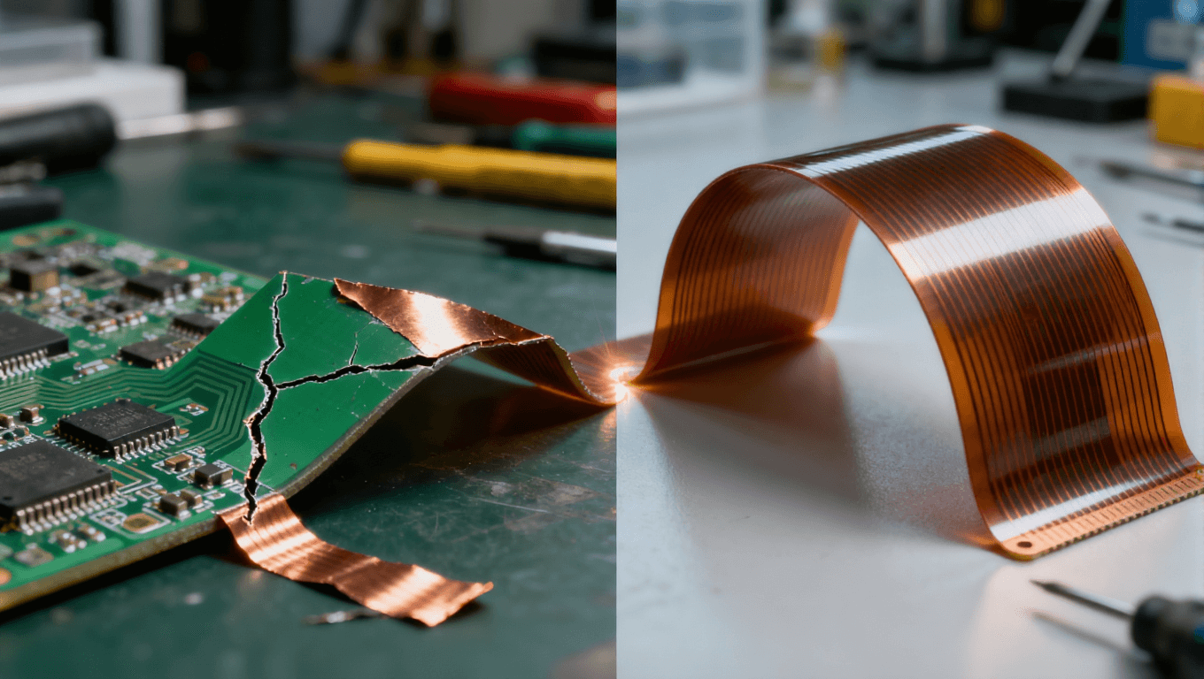 傳統(tǒng)剛性電路板與超彈性柔性電路板彎折對(duì)比，凸顯柔性電路在反復(fù)折疊下的耐用性