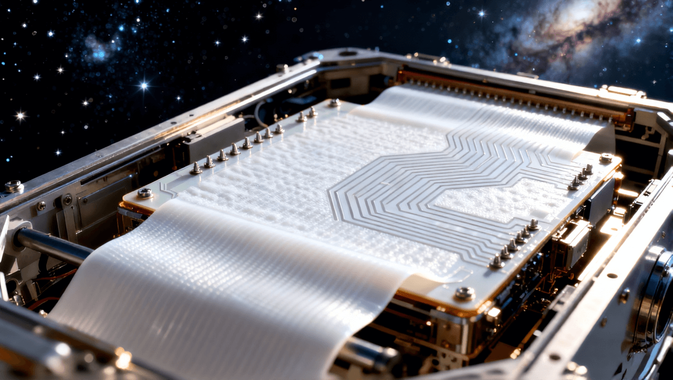 衛(wèi)星載荷系統(tǒng)中的撓性電路板，強(qiáng)調(diào) PTFE 材料的耐極端溫度特性