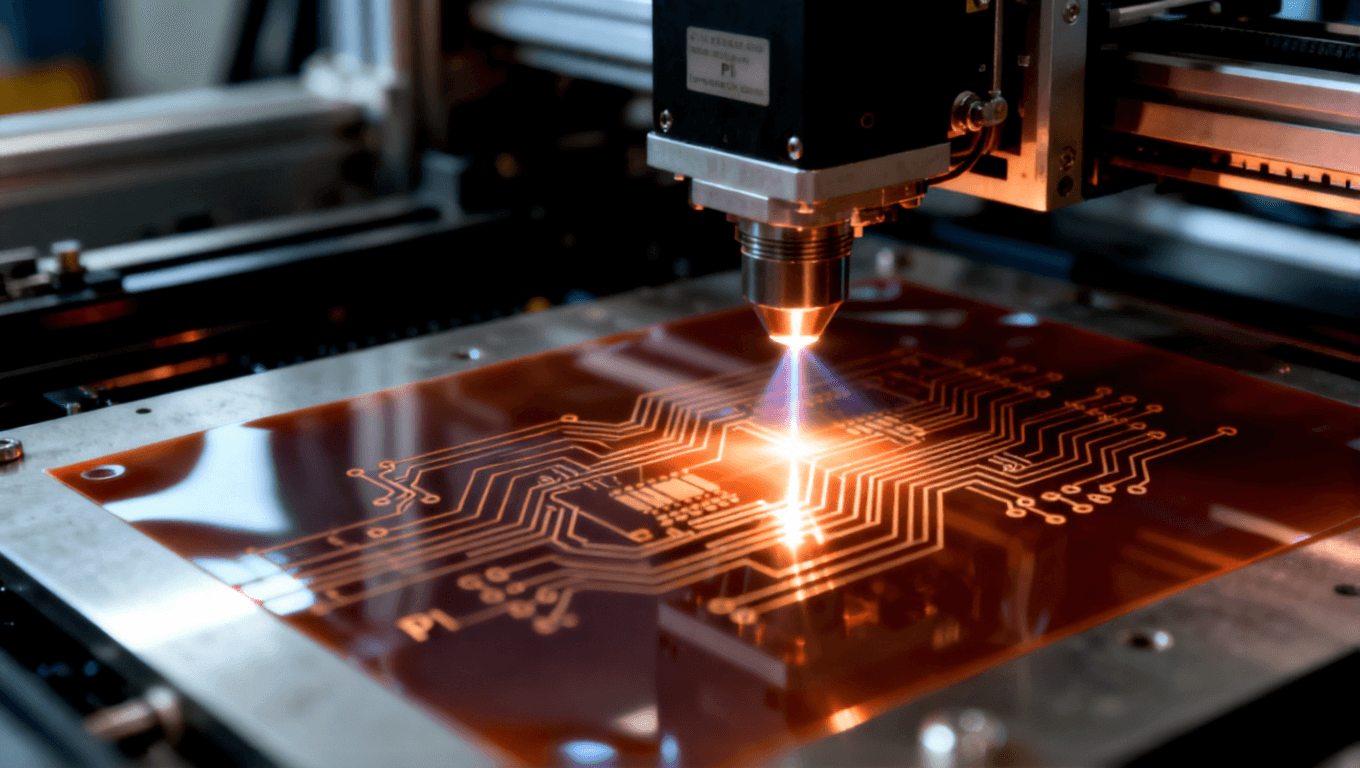 工業(yè)環(huán)境下的激光直接成型工藝，激光束在 PI 薄膜上精確形成電路