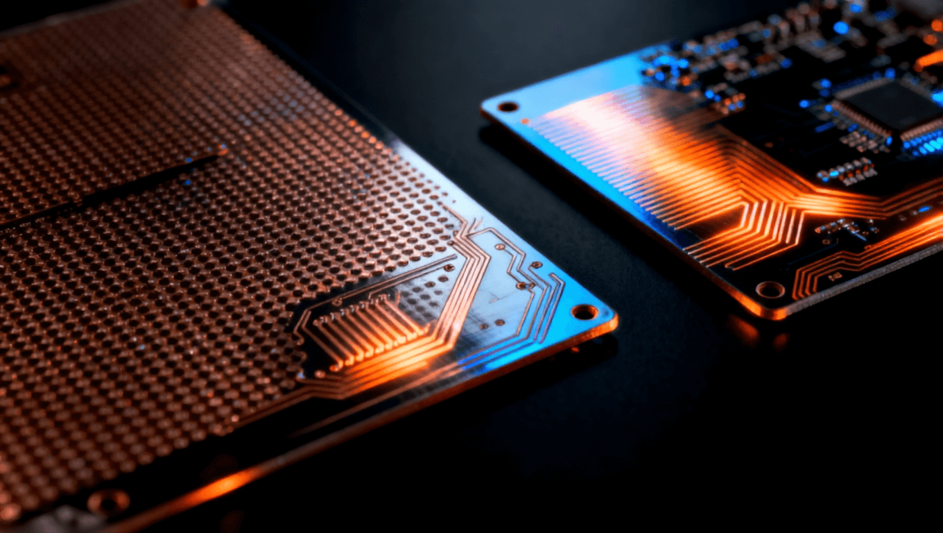 羅杰斯RO4003C與RO4350B電路板特寫，金屬光澤，精細銅線與熱散發(fā)圖案，橙藍微光效果