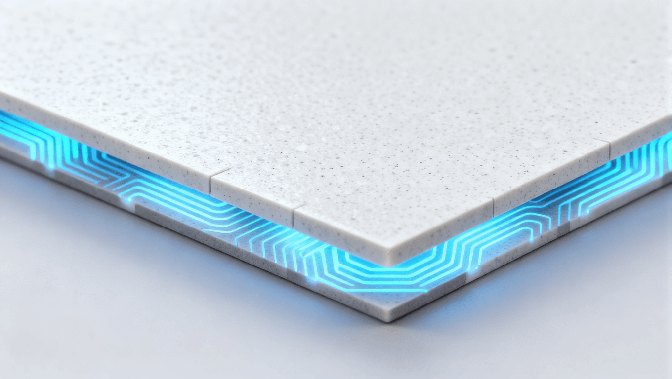 高端陶瓷電路板材料，細膩質(zhì)感，輕微發(fā)光，白色與灰色調(diào)，精準切割邊緣，藍色散熱圖案