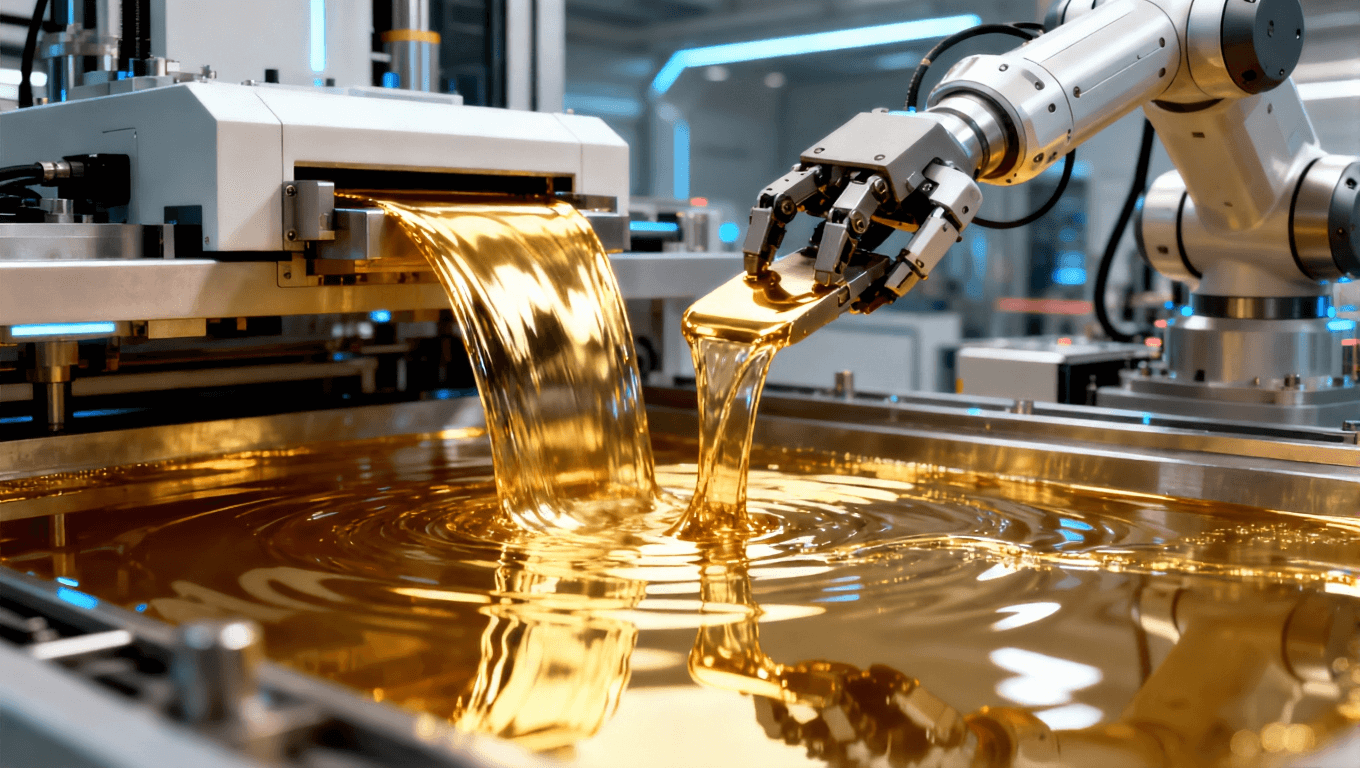 未來高科技的PCB鍍鎳金工藝，展示無氰鍍金技術(shù)與自動(dòng)化生產(chǎn)線，機(jī)器人臂操作現(xiàn)代化設(shè)備