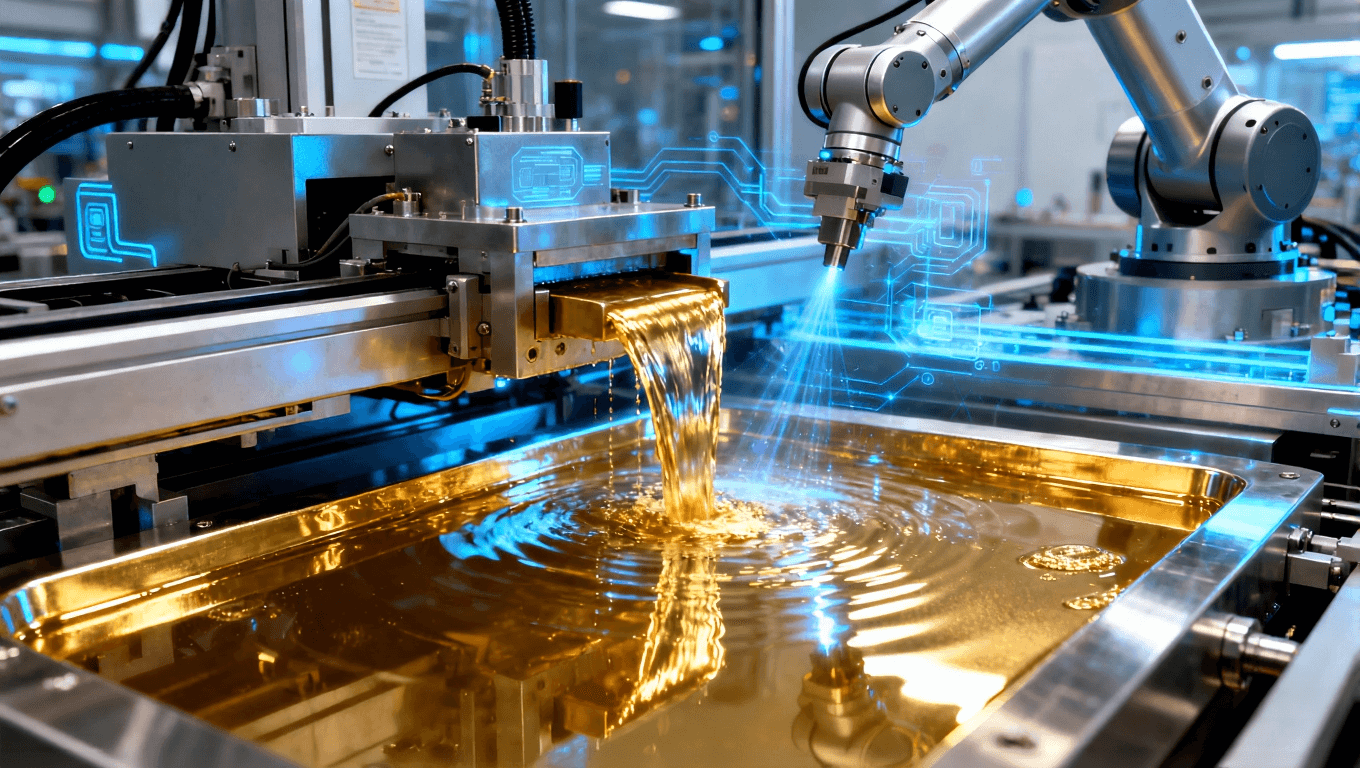 展示無氰鍍金工藝設(shè)備與自動(dòng)化生產(chǎn)線，體現(xiàn)先進(jìn)的生產(chǎn)技術(shù)與高效操作