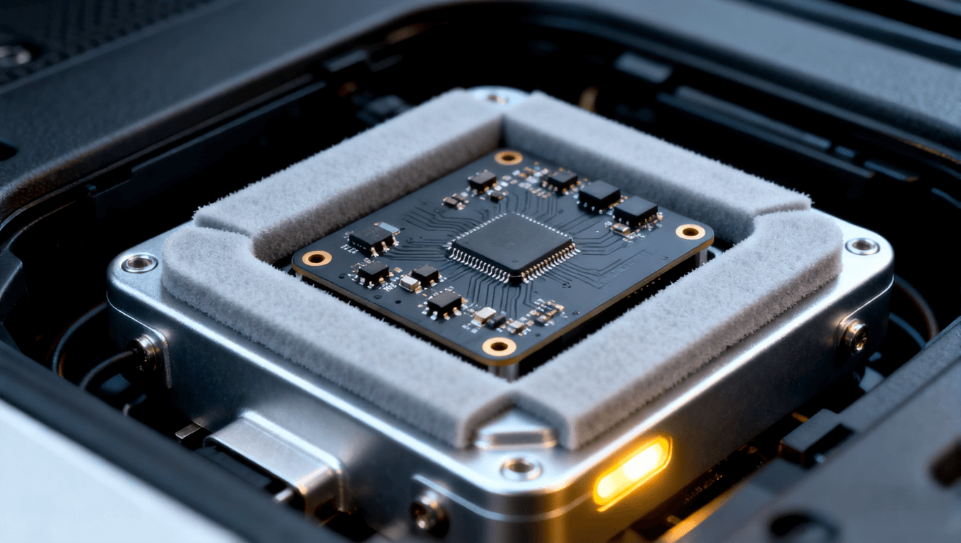 車載雷達(dá)內(nèi)部 阻抗控制板與防震橡膠墊安裝場景