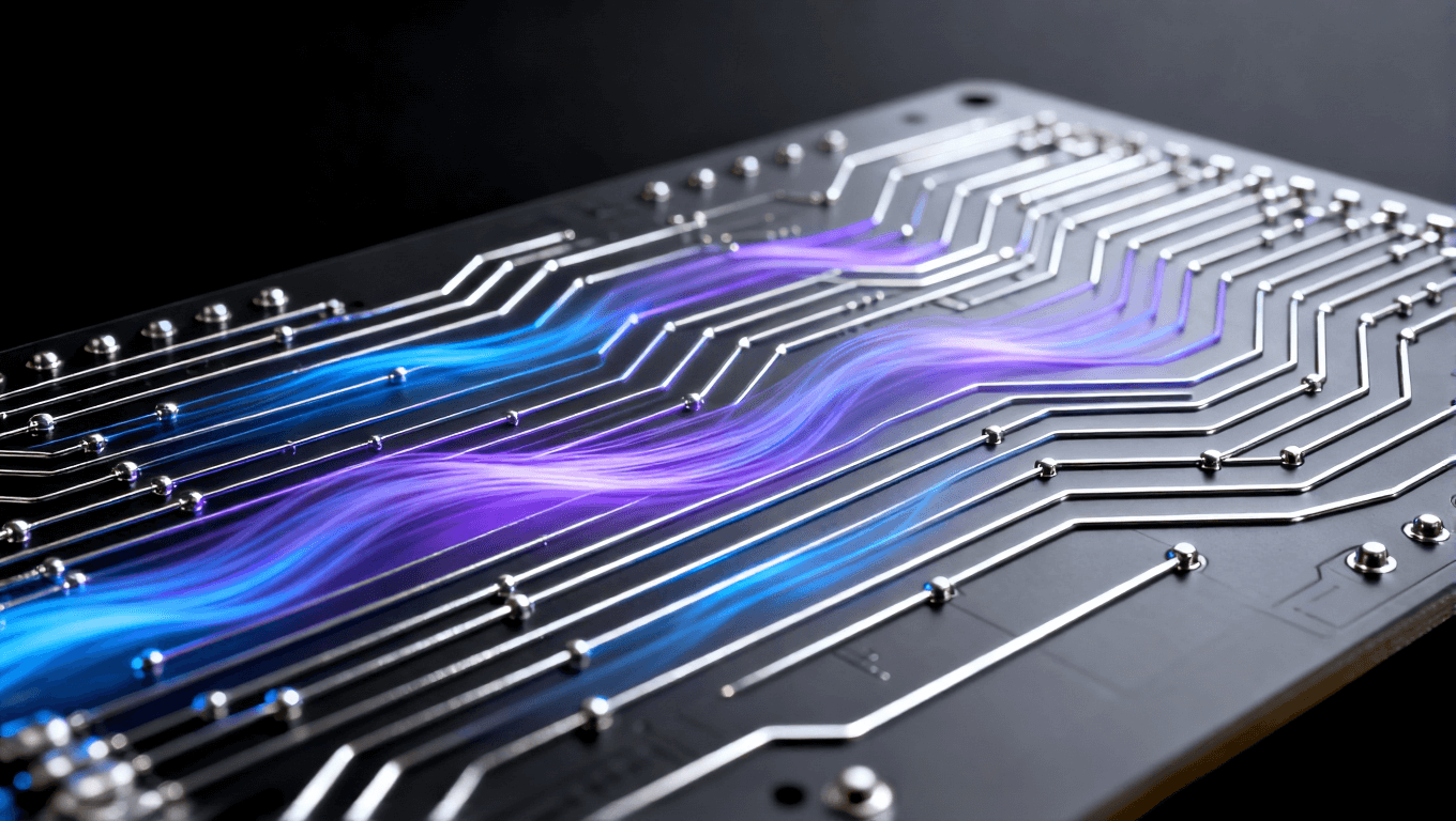 深灰色 PCB 板特寫 藍(lán)紫色光帶模擬高頻信號穩(wěn)定傳輸