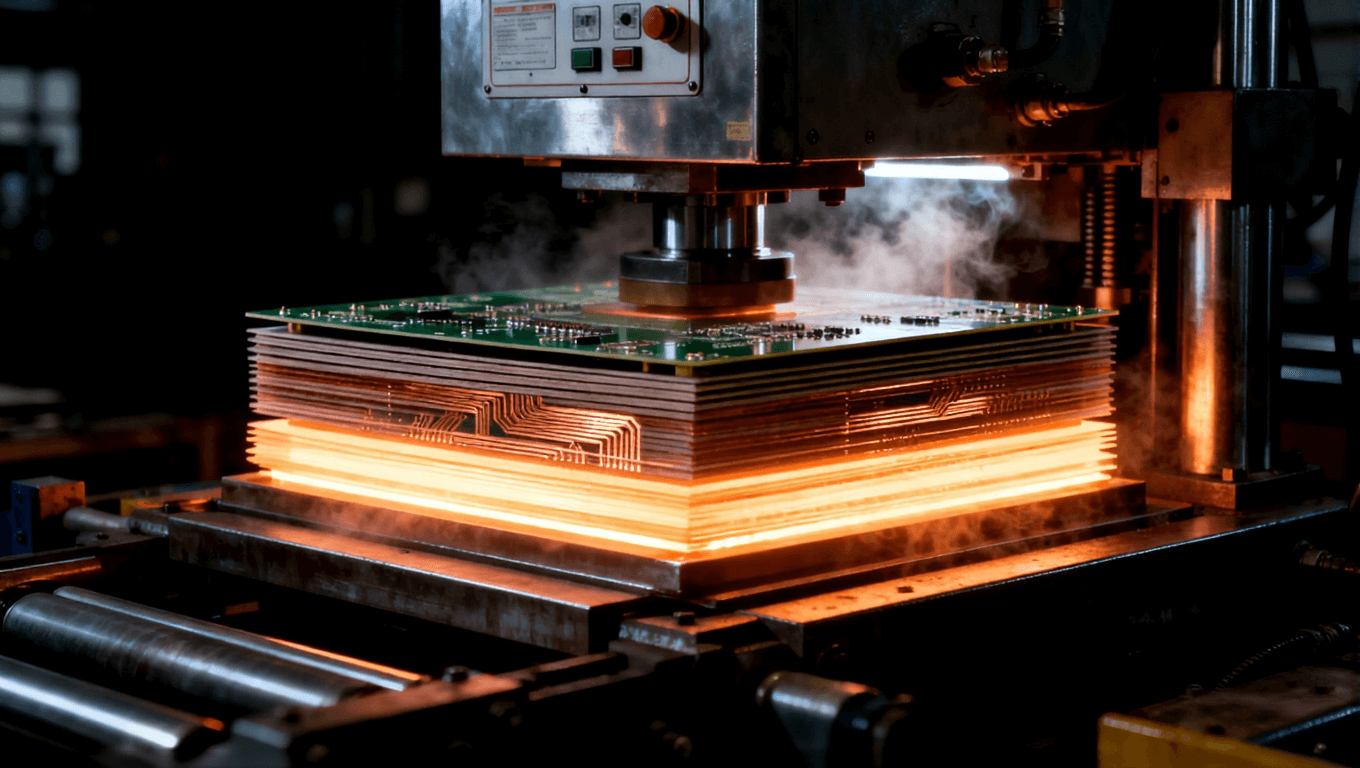 高溫高壓PCB層壓過程，展示PCB層間的精準(zhǔn)壓合和高壓設(shè)備